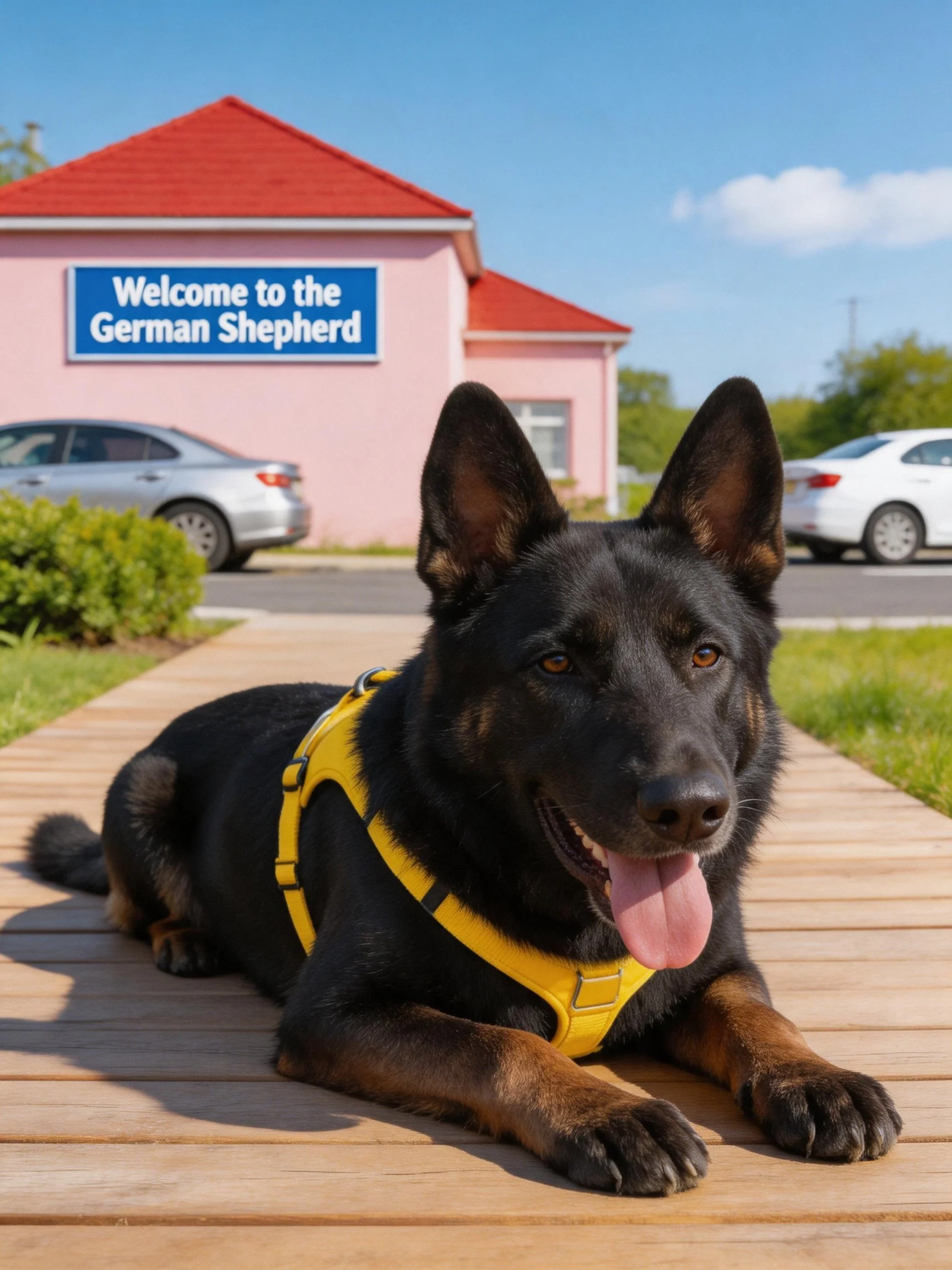 A German Shepherd dog in a yellow harness relaxes outside a pink building