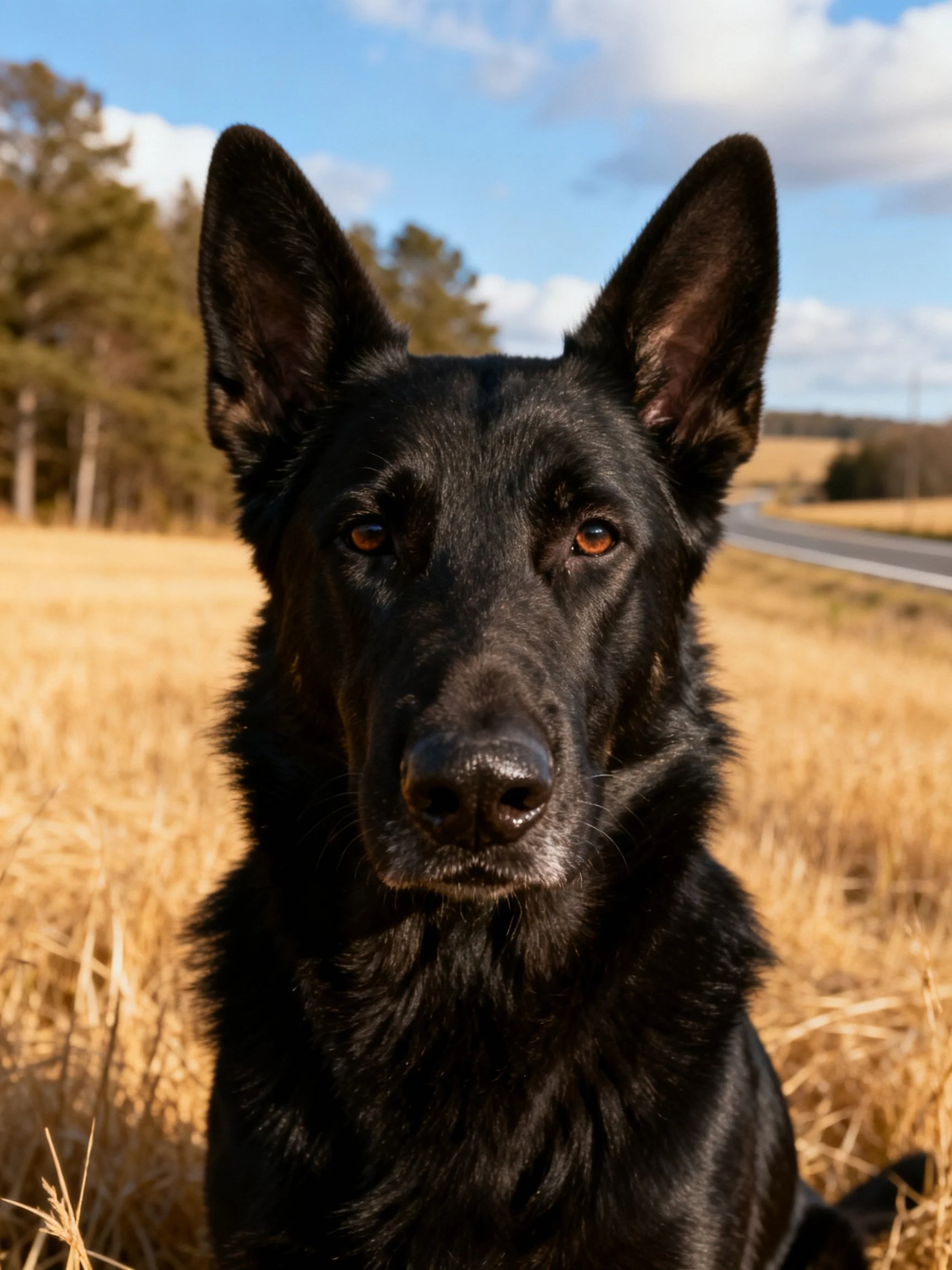 A black German Shepherd sits in golden field near road under blue sky.