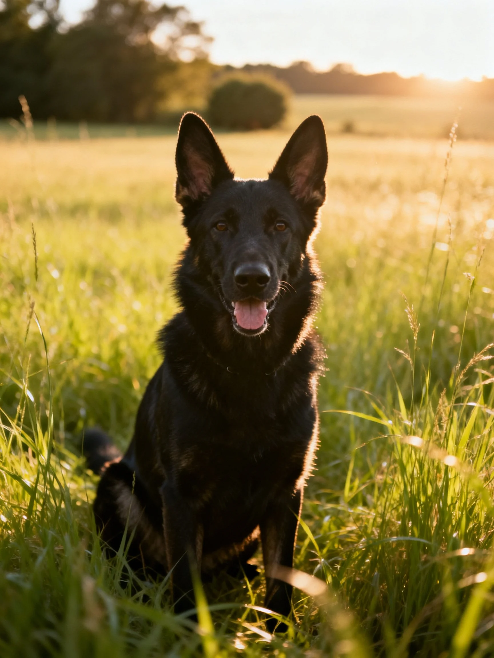A black German Shepherd relaxes in sunlit grass during golden hour.