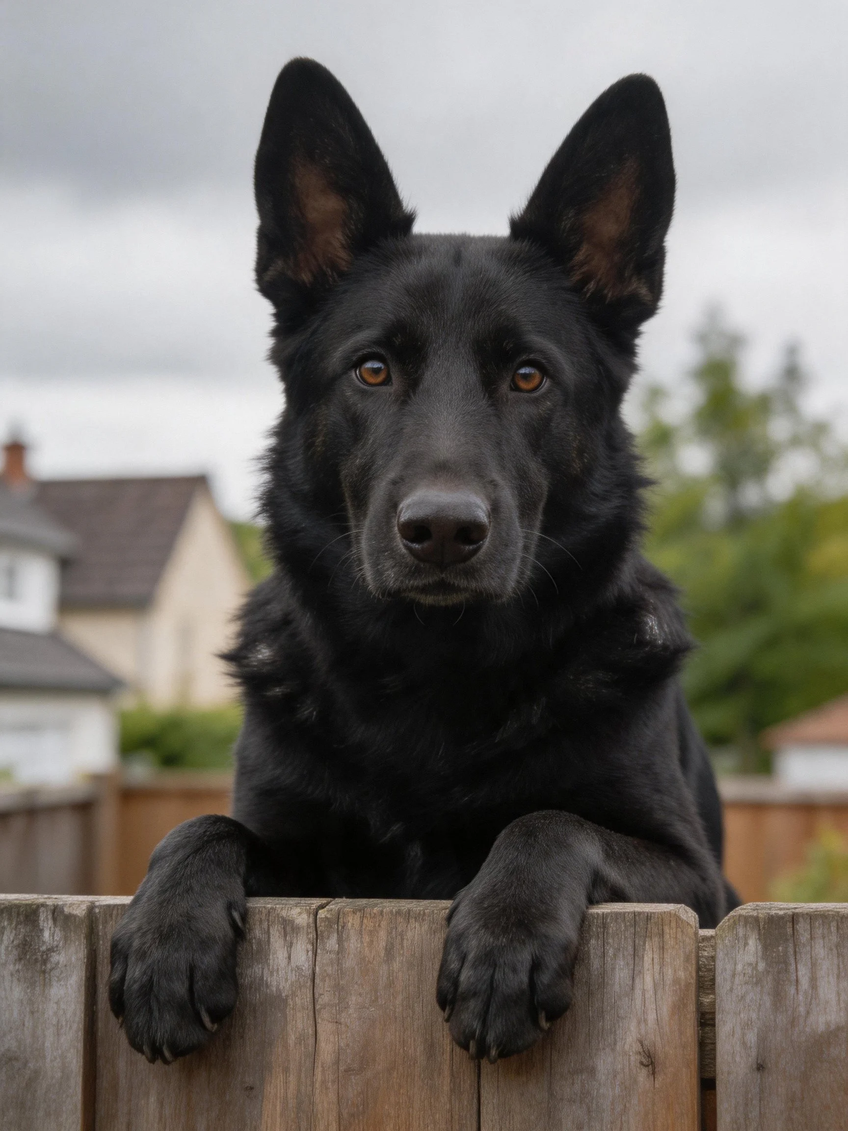 A black German Shepherd leans over a weathered wooden fence outdoors