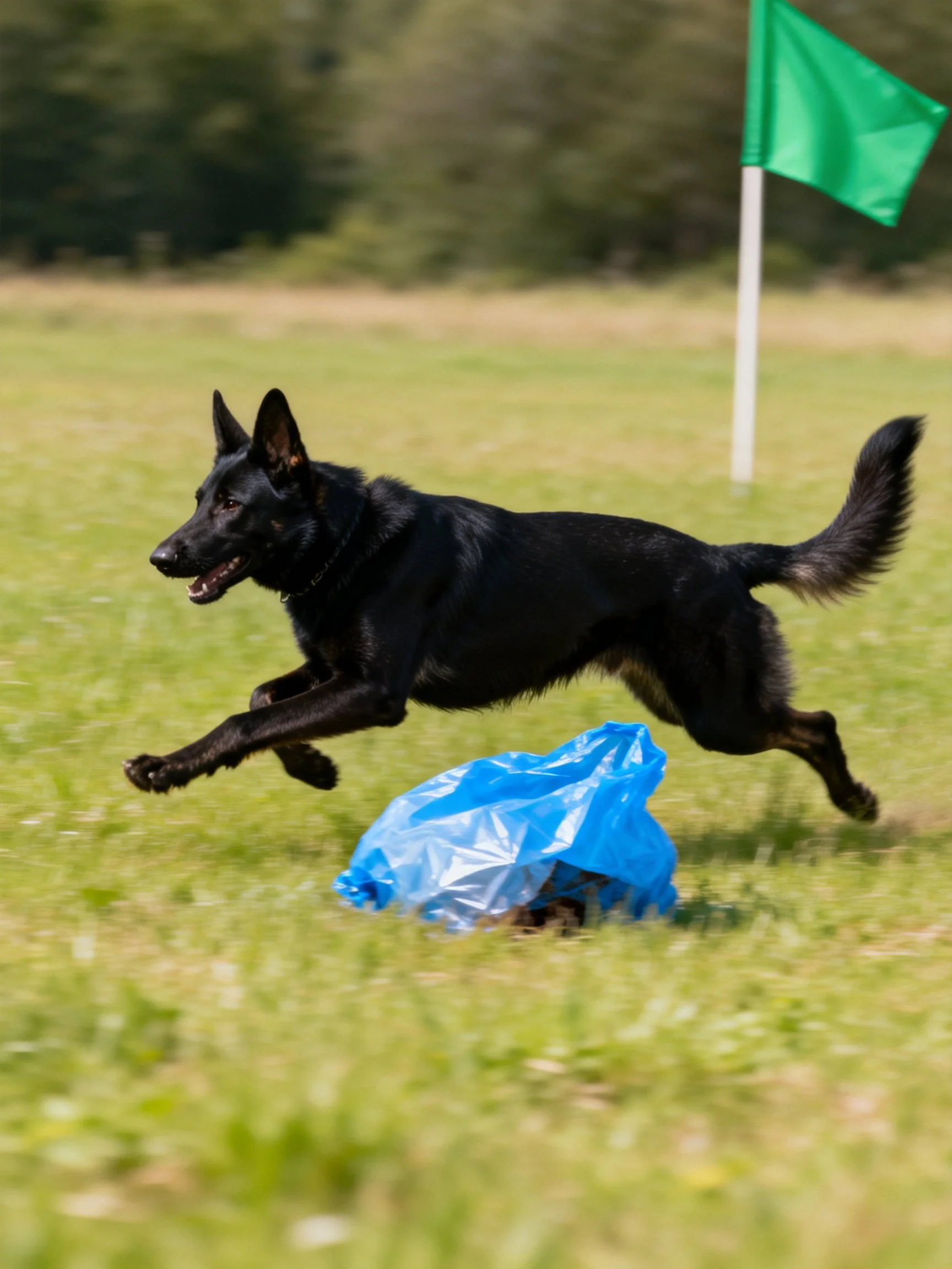 A black German Shepherd jumps over a blue bag in a grassy area with a green flag.