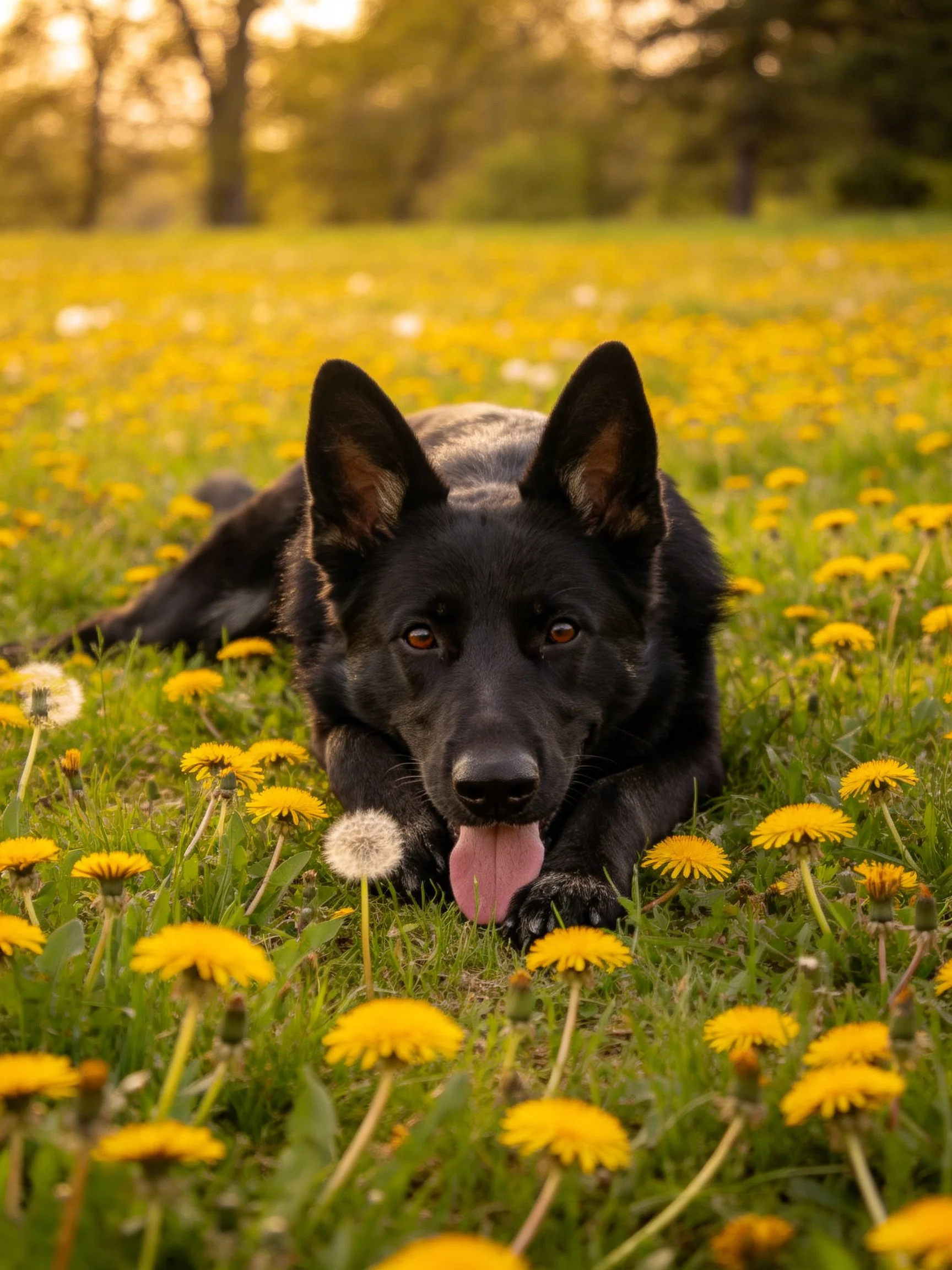 A black German Shepherd relaxes in a sunlit dandelion-filled meadow