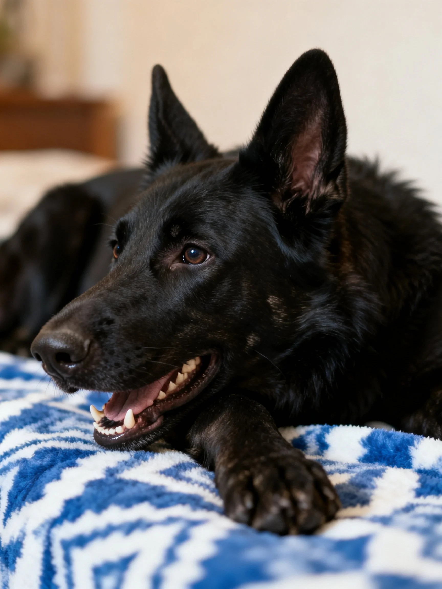 A black German Shepherd relaxes on a blue and white blanket indoors.