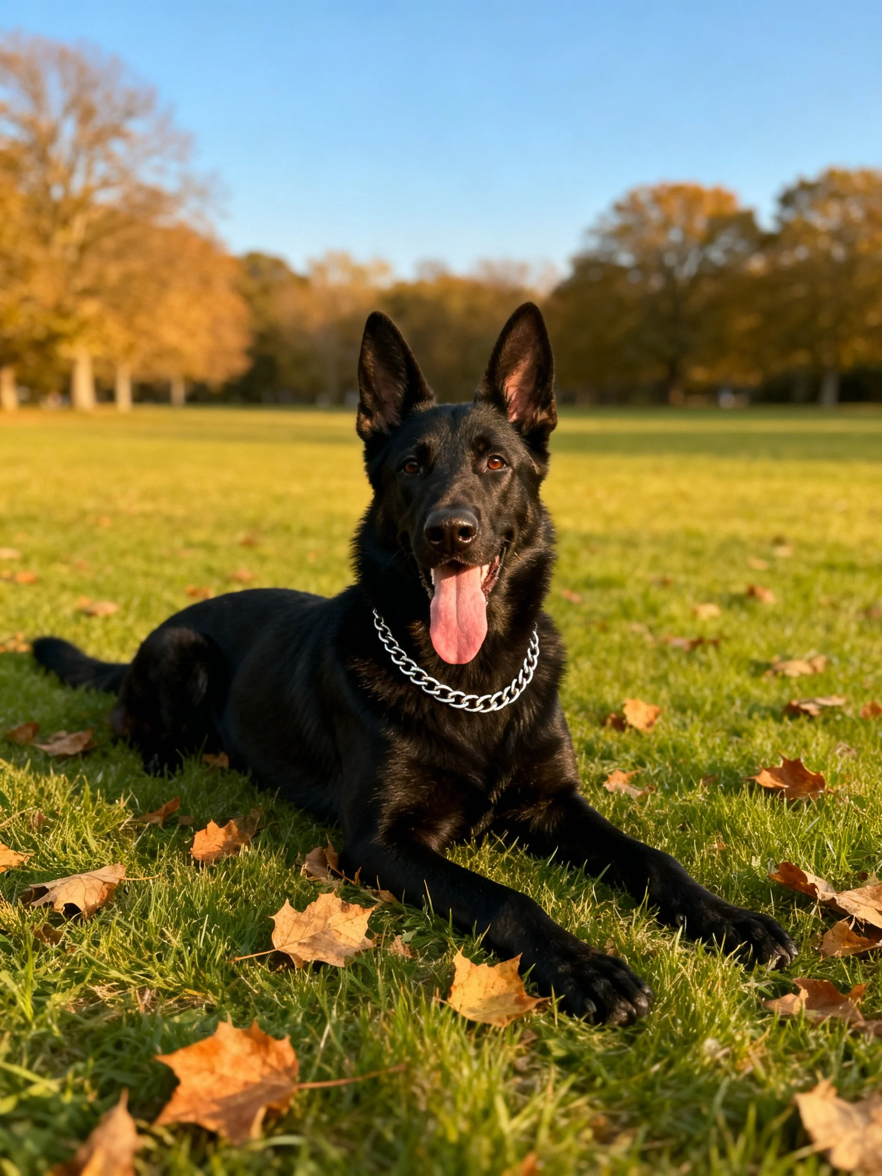 A black German Shepherd relaxes on a grassy area with fallen autumn leaves.