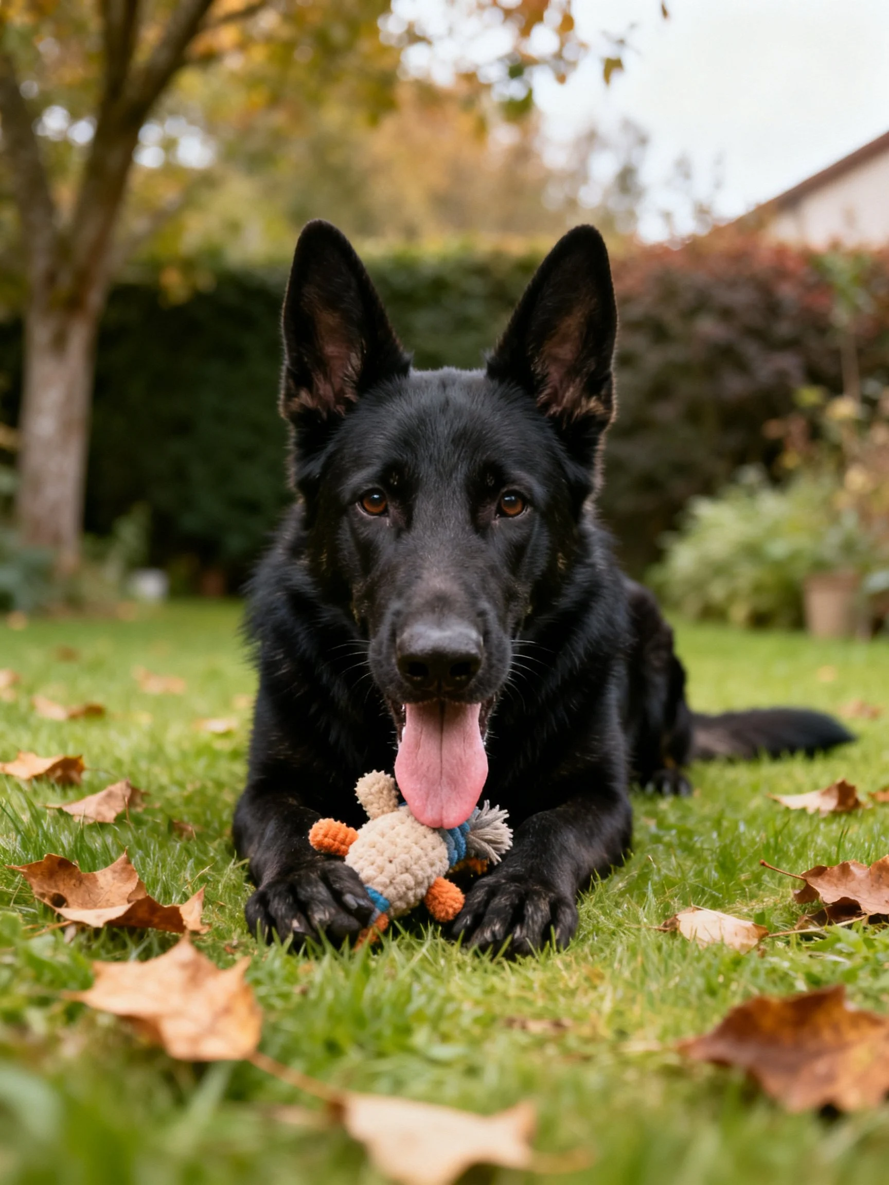 A black German Shepherd rests on grass holding a knitted toy