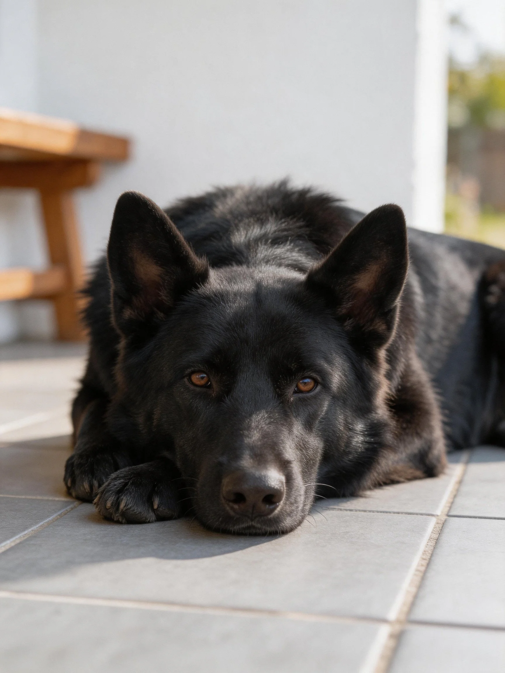 A black German Shepherd lies calmly on tiled flooring near a wooden bench.