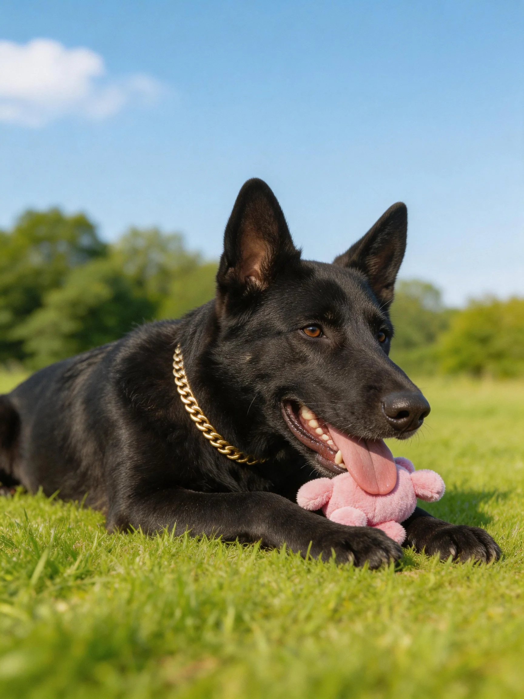 A black German Shepherd relaxes outdoors with a pink stuffed toy.