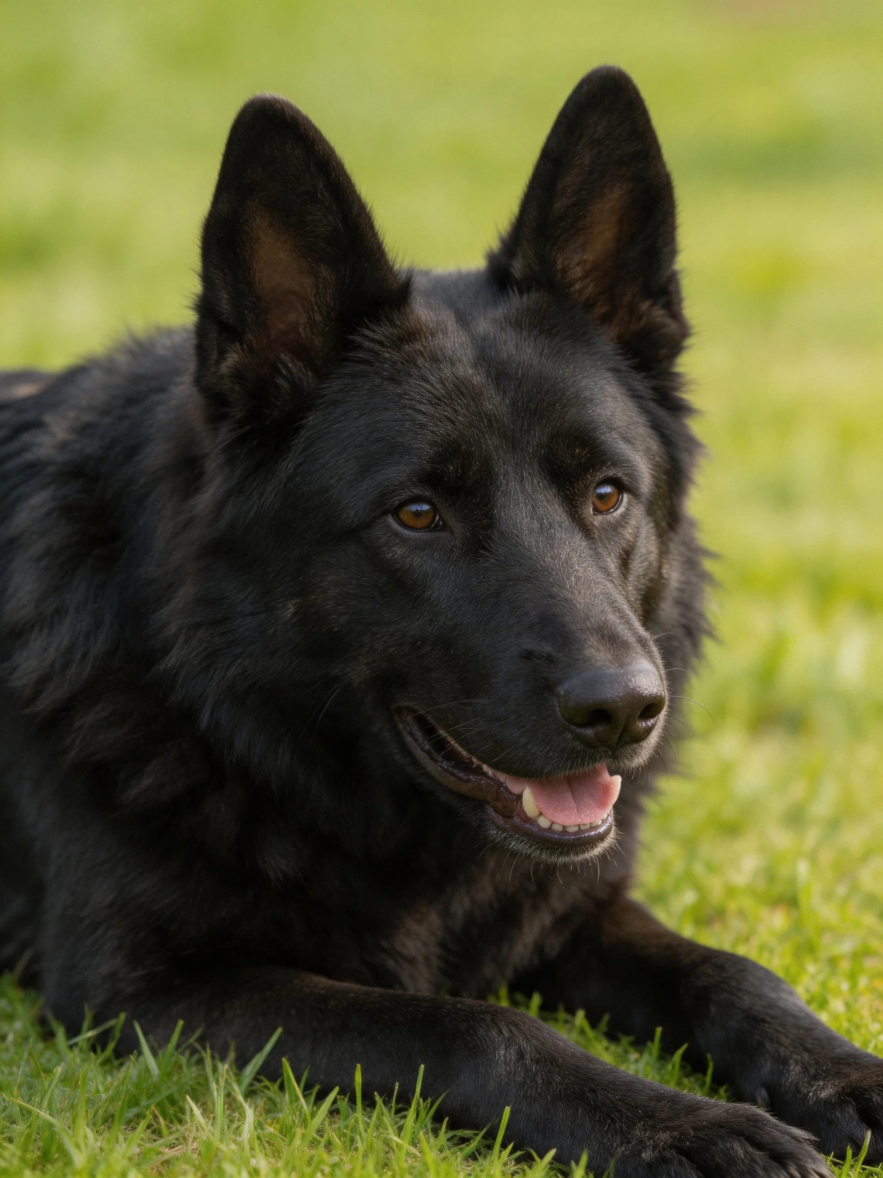A black German Shepherd lies calmly on green grass in an outdoor environment
