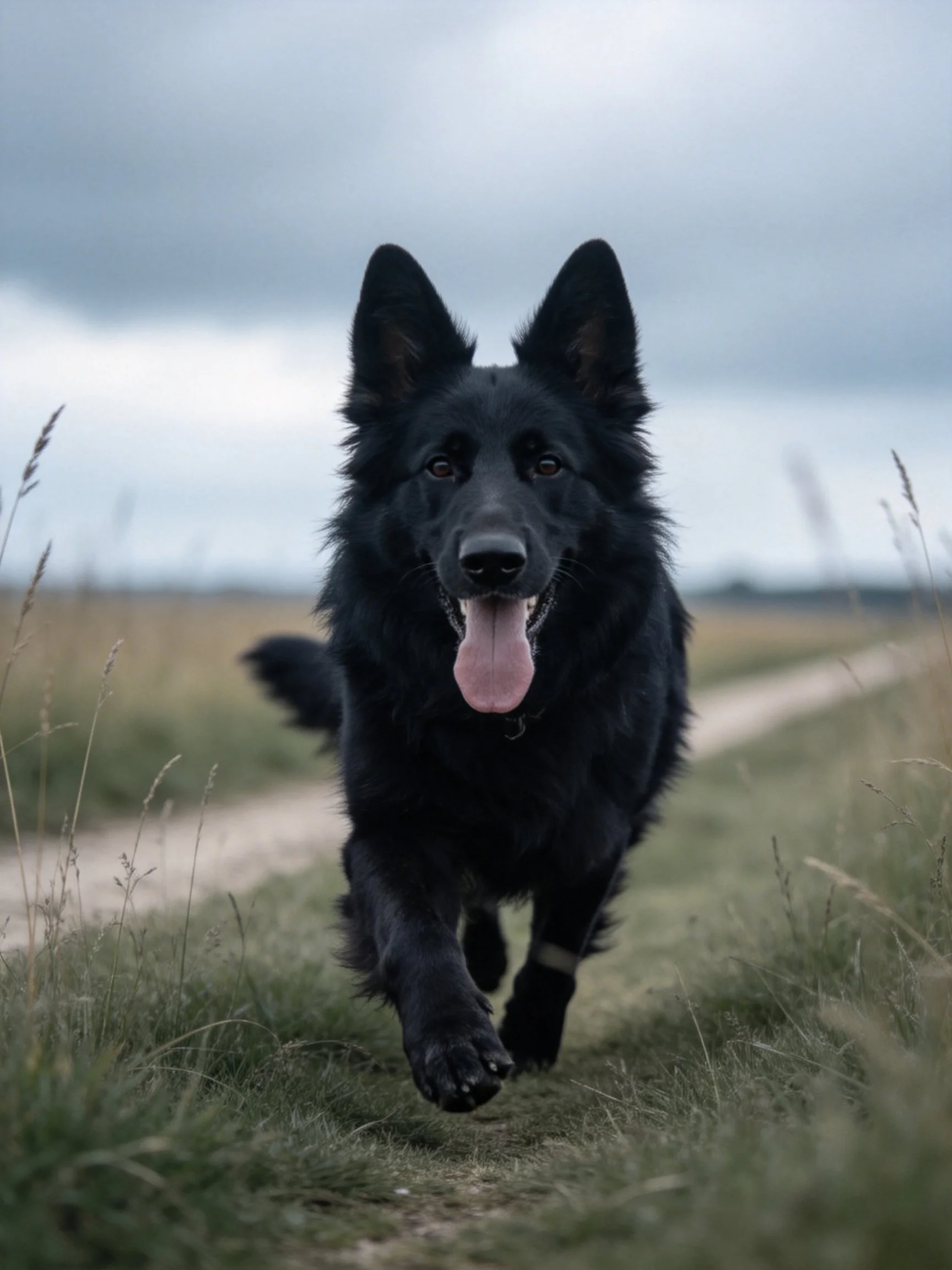 A black German Shepherd runs toward the camera on a grassy dirt path