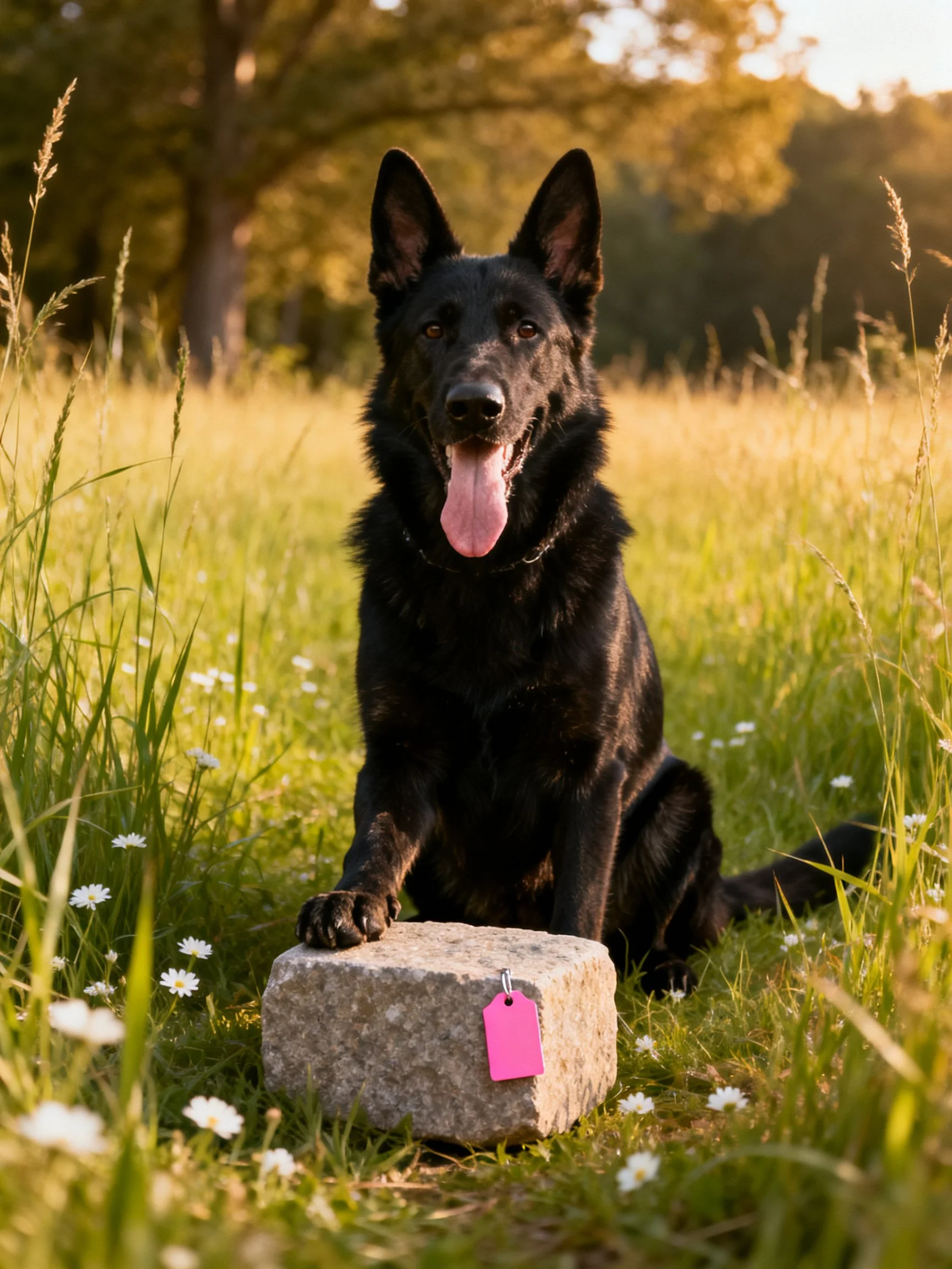 A black German Shepherd sits by a stone with a pink tag in a sunlit meadow