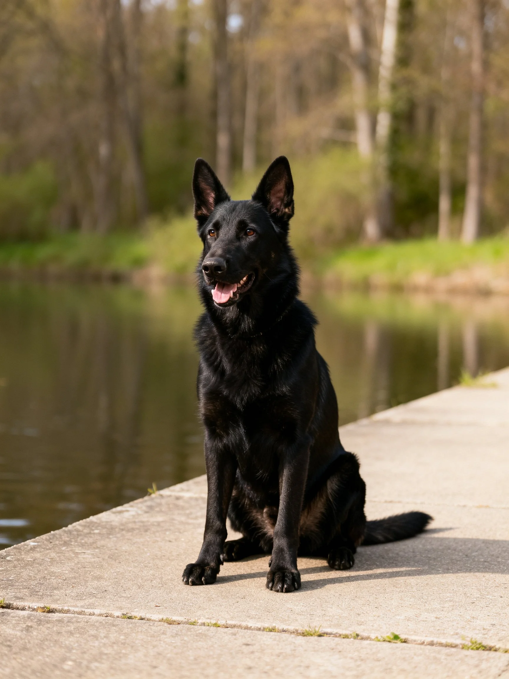 A black German Shepherd sits calmly near a peaceful lakeside area.