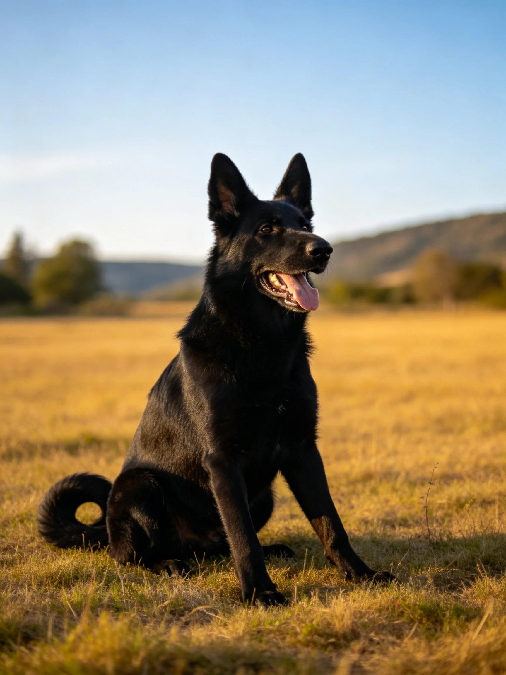 A black German Shepherd sits contentedly in a sunlit open field.