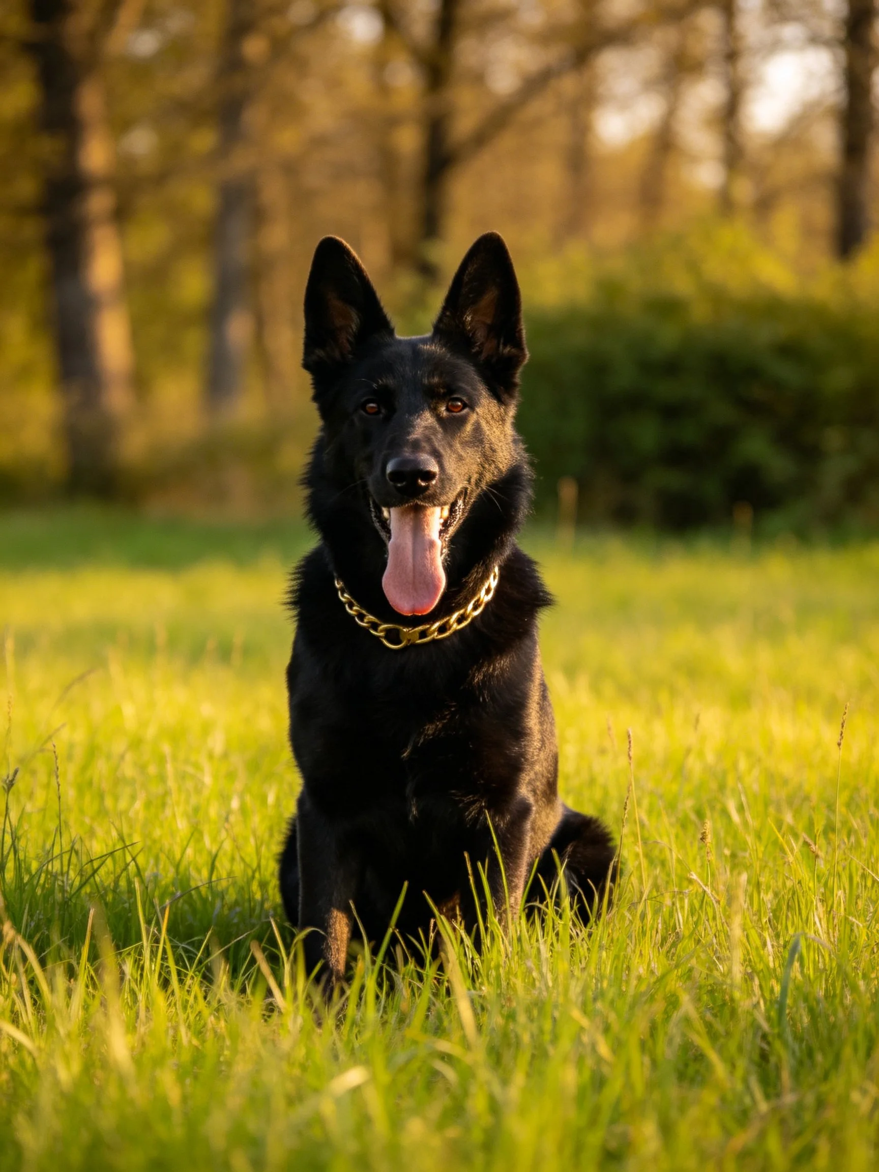 A black German Shepherd sits calmly in a sunlit grassy field near trees.