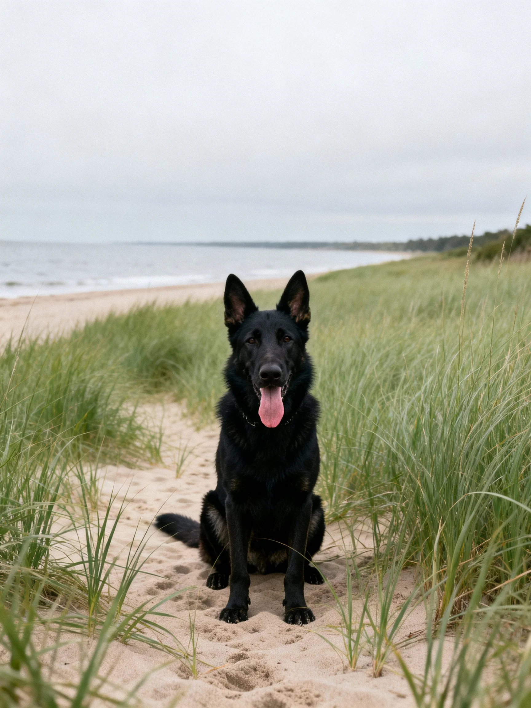 A black German Shepherd sits on a sandy beach path near tall green grass