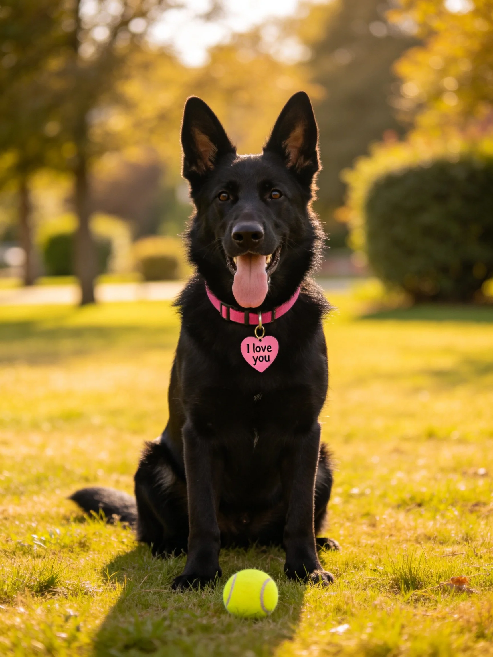 A black German Shepherd sits outdoors beside a yellow tennis ball.