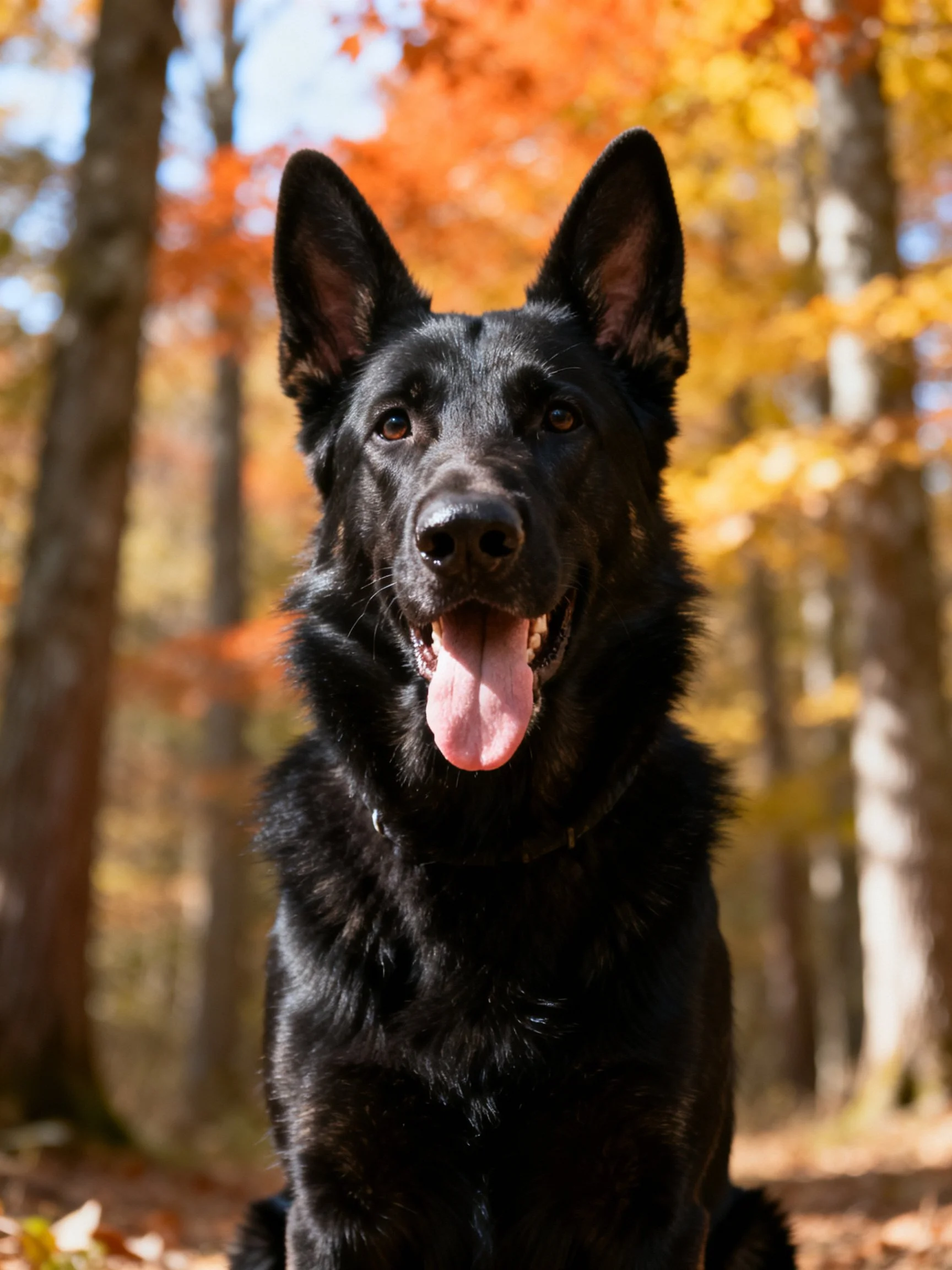 A black German Shepherd sitting amid vibrant autumn foliage