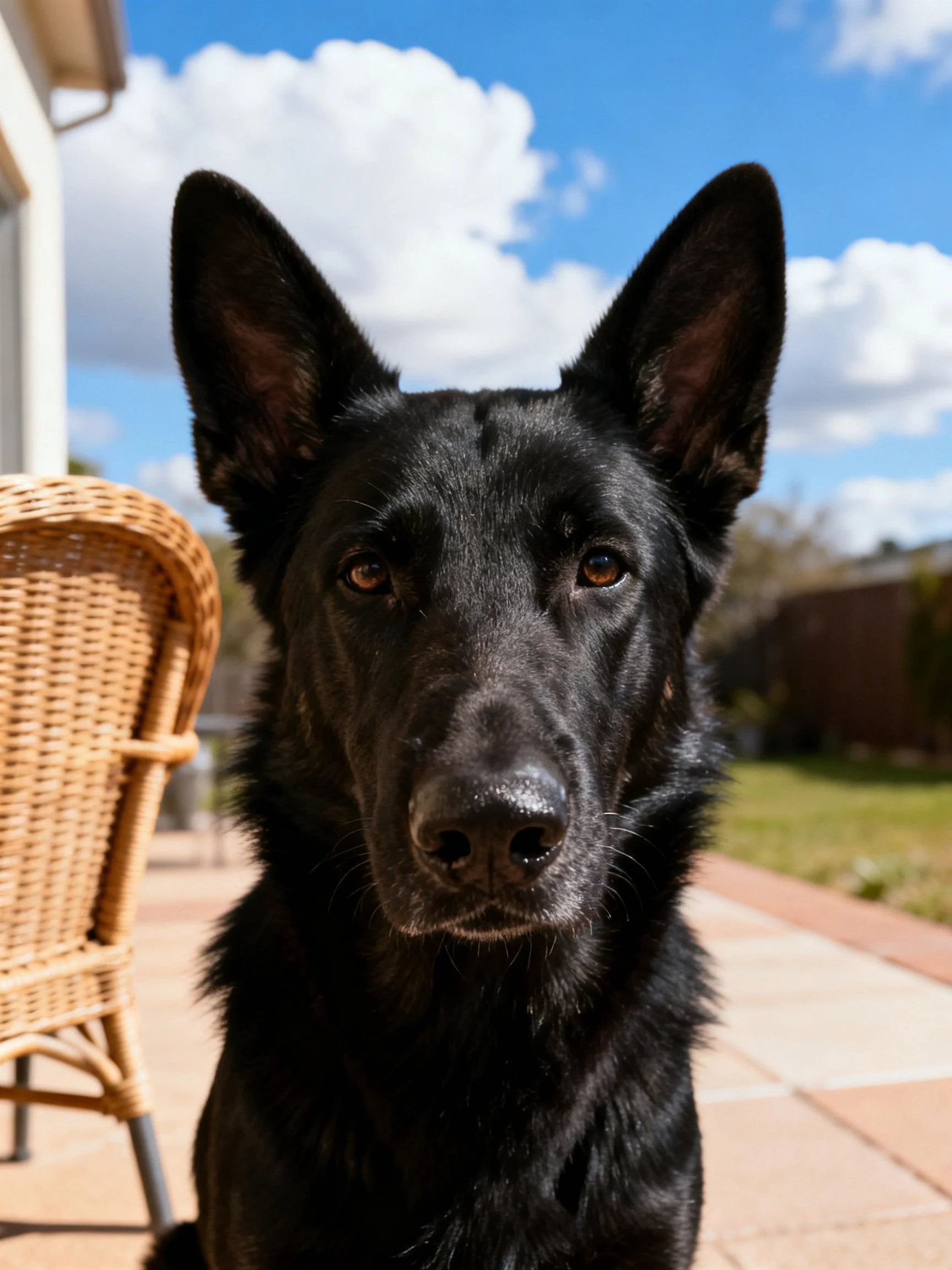 A black German Shepherd sitting near a wicker chair outdoors