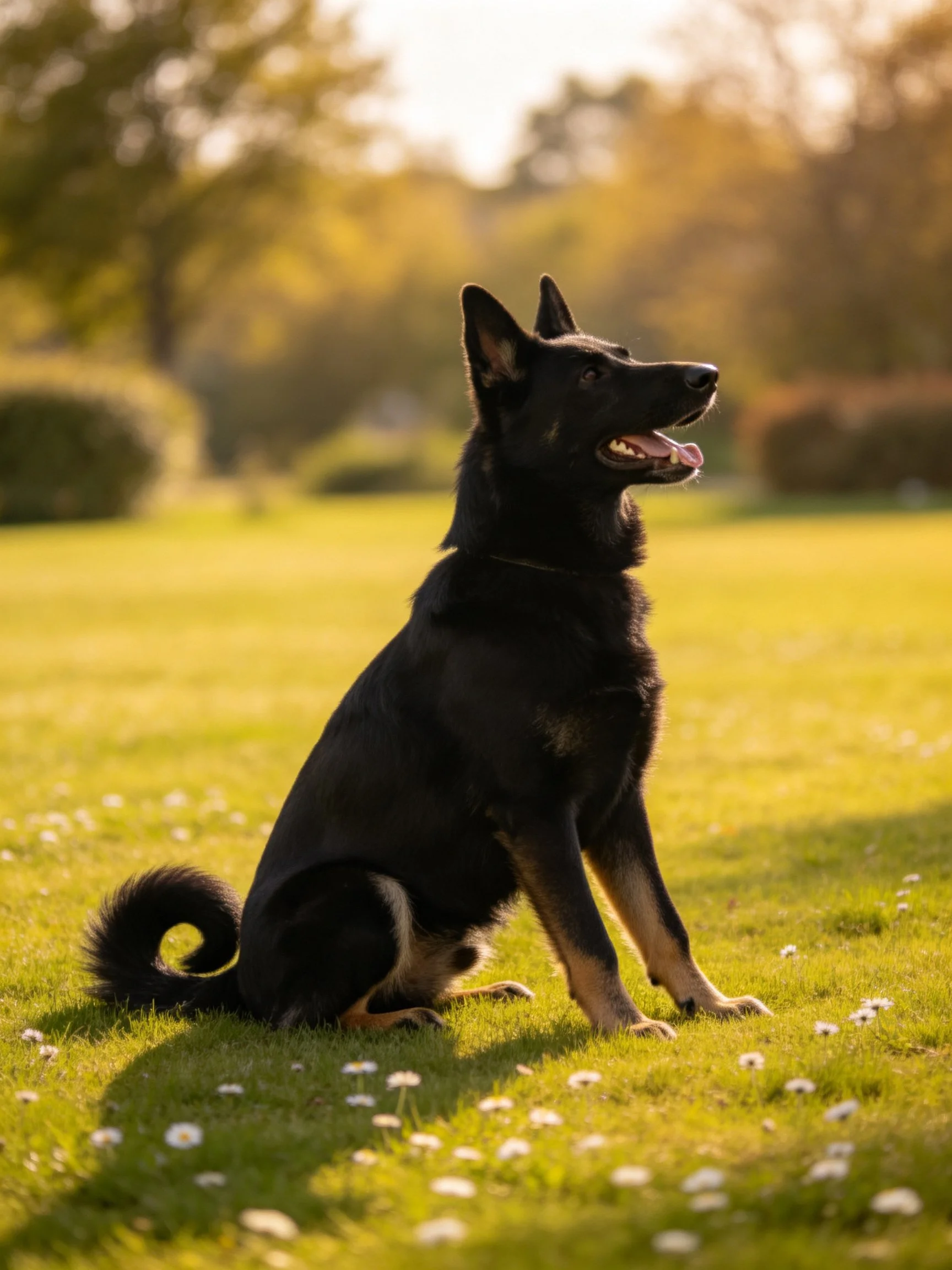 A black German Shepherd sitting on a sunlit grassy field