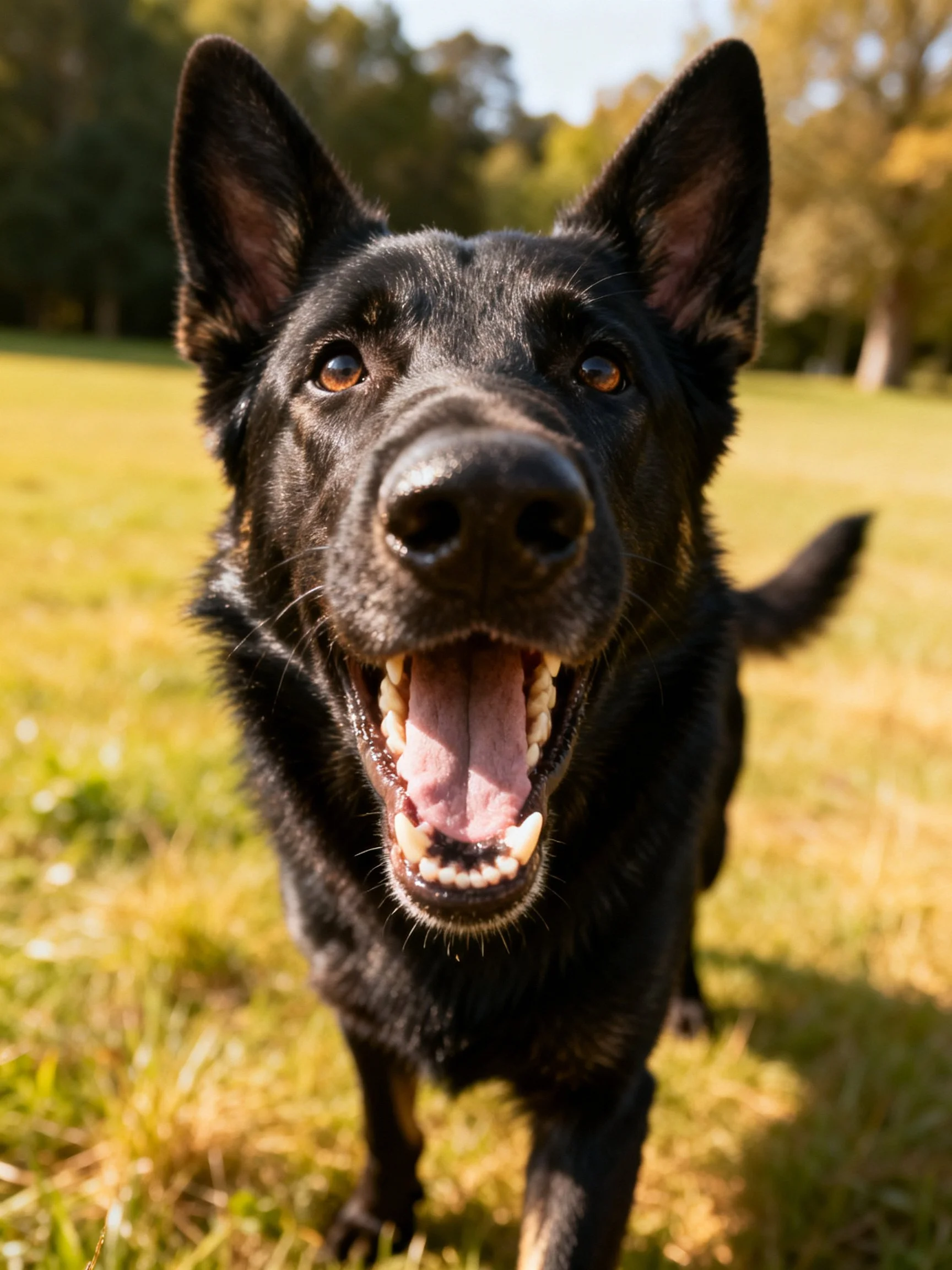 A black German Shepherd smiling in a sunlit grassy field