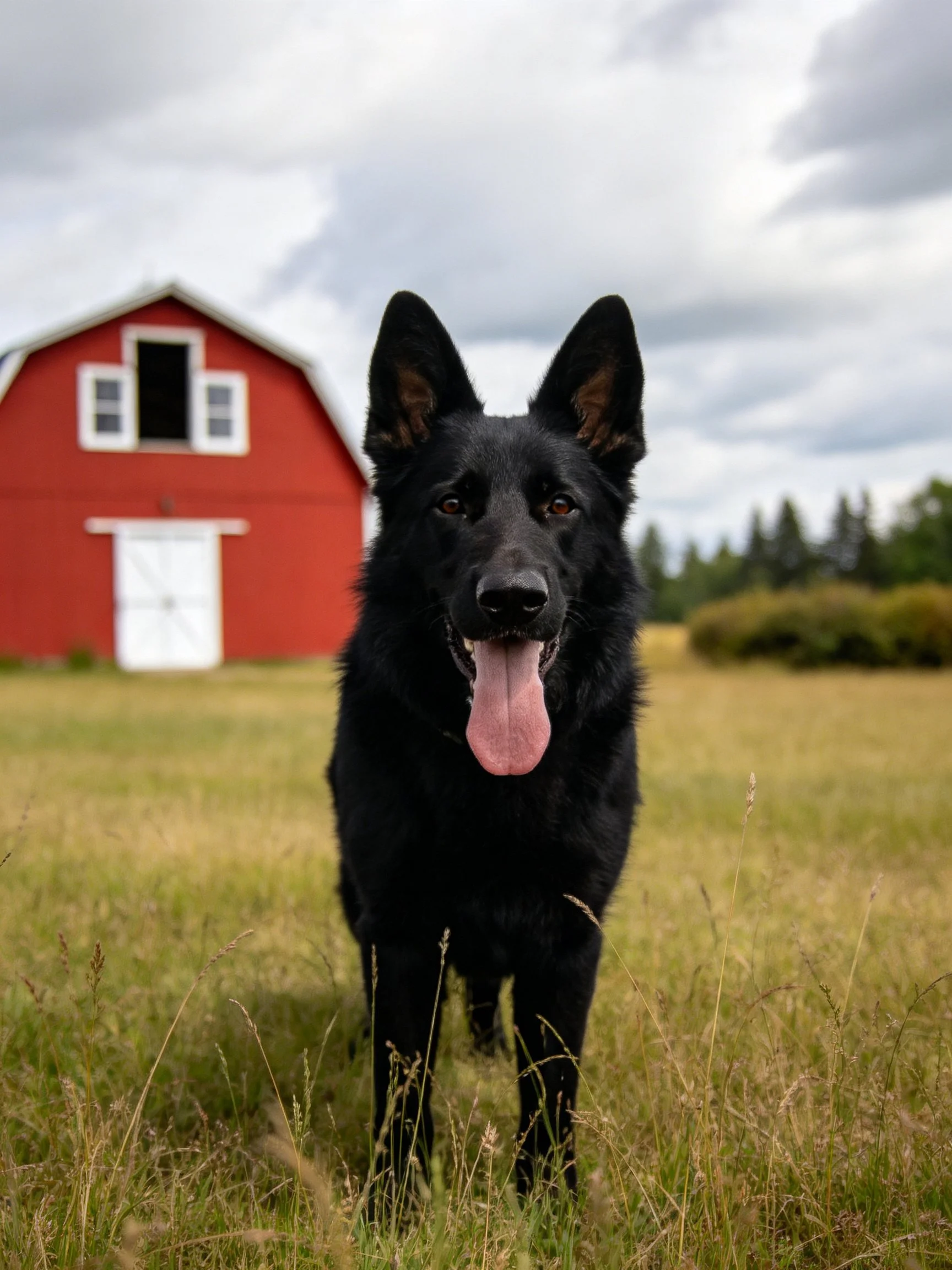 A black dog stands near a red barn in a grassy field.