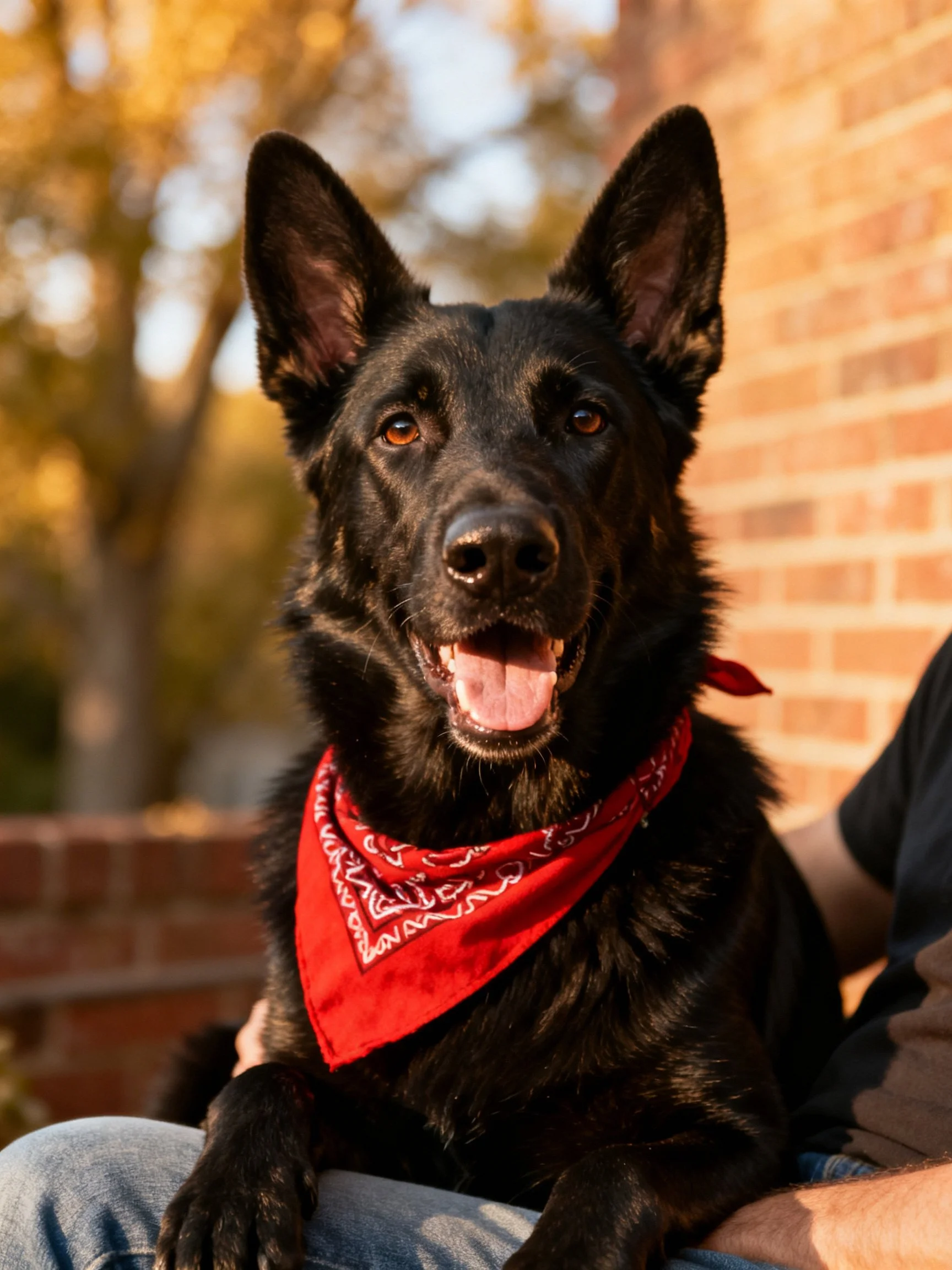 A black German Shepherd sits calmly with a red bandana near a brick wall
