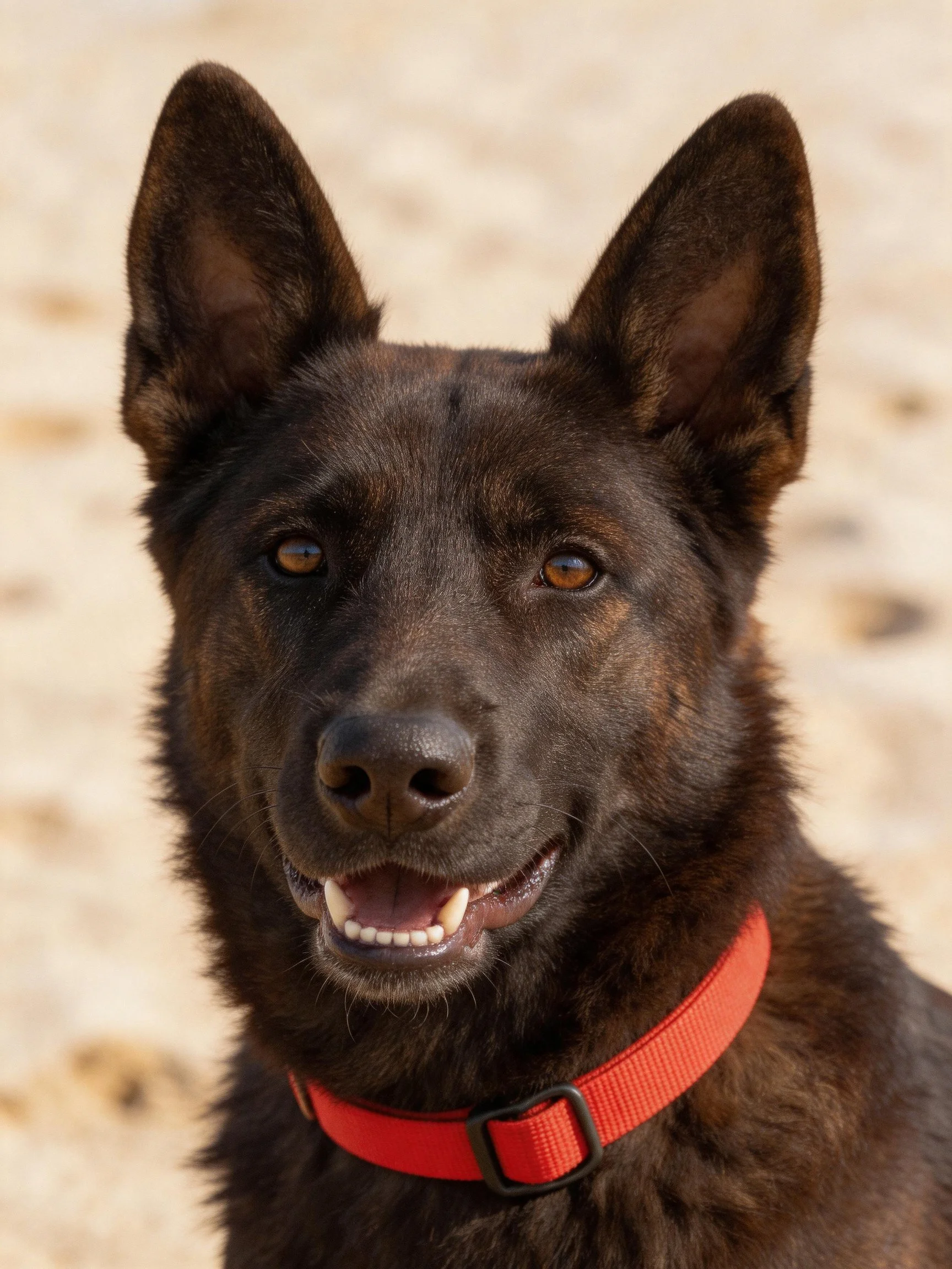 A black German Shepherd with a bright red collar, ears upright.