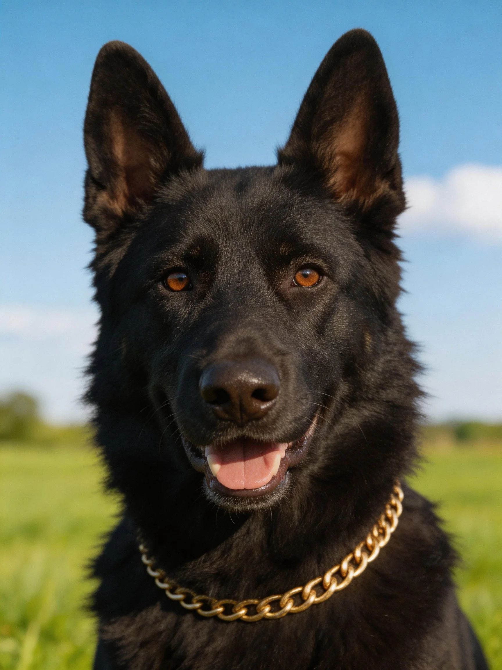 A black German Shepherd with a gold chain collar stands in a sunny field.