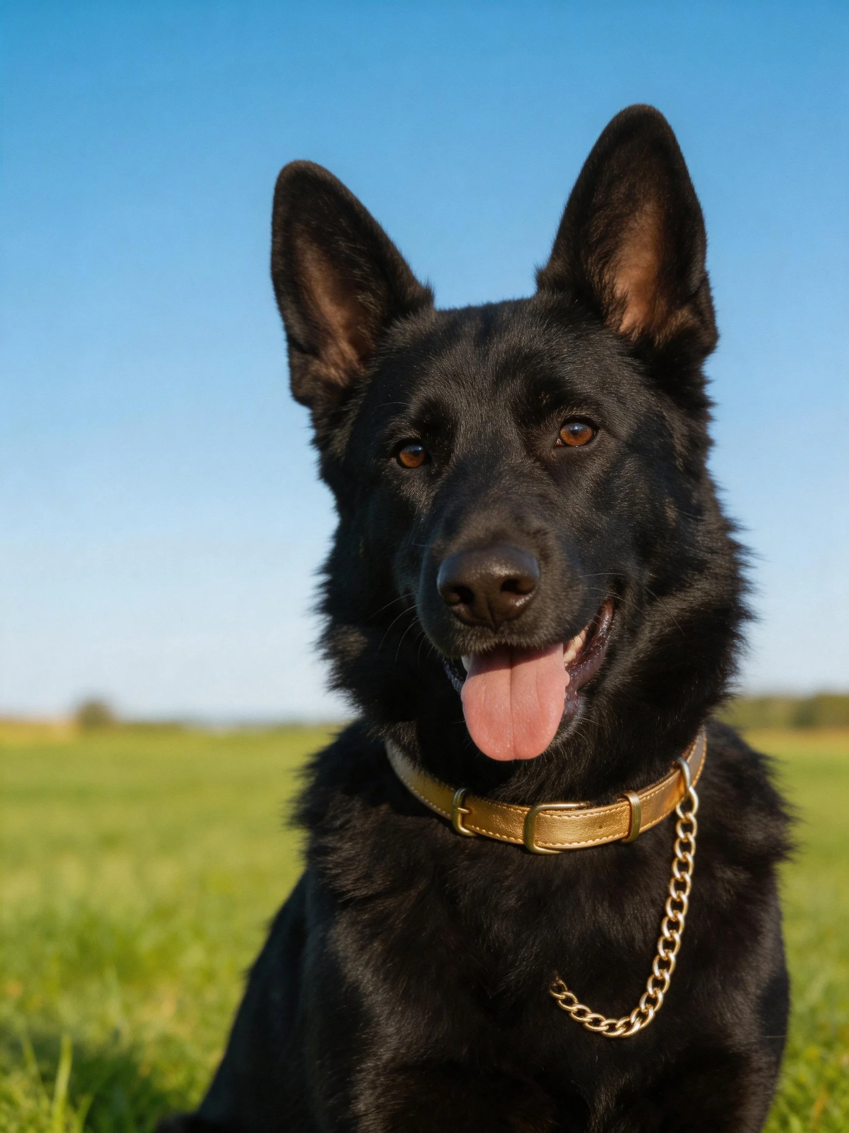 A black German Shepherd with a gold collar sits in a green field under a clear sky.