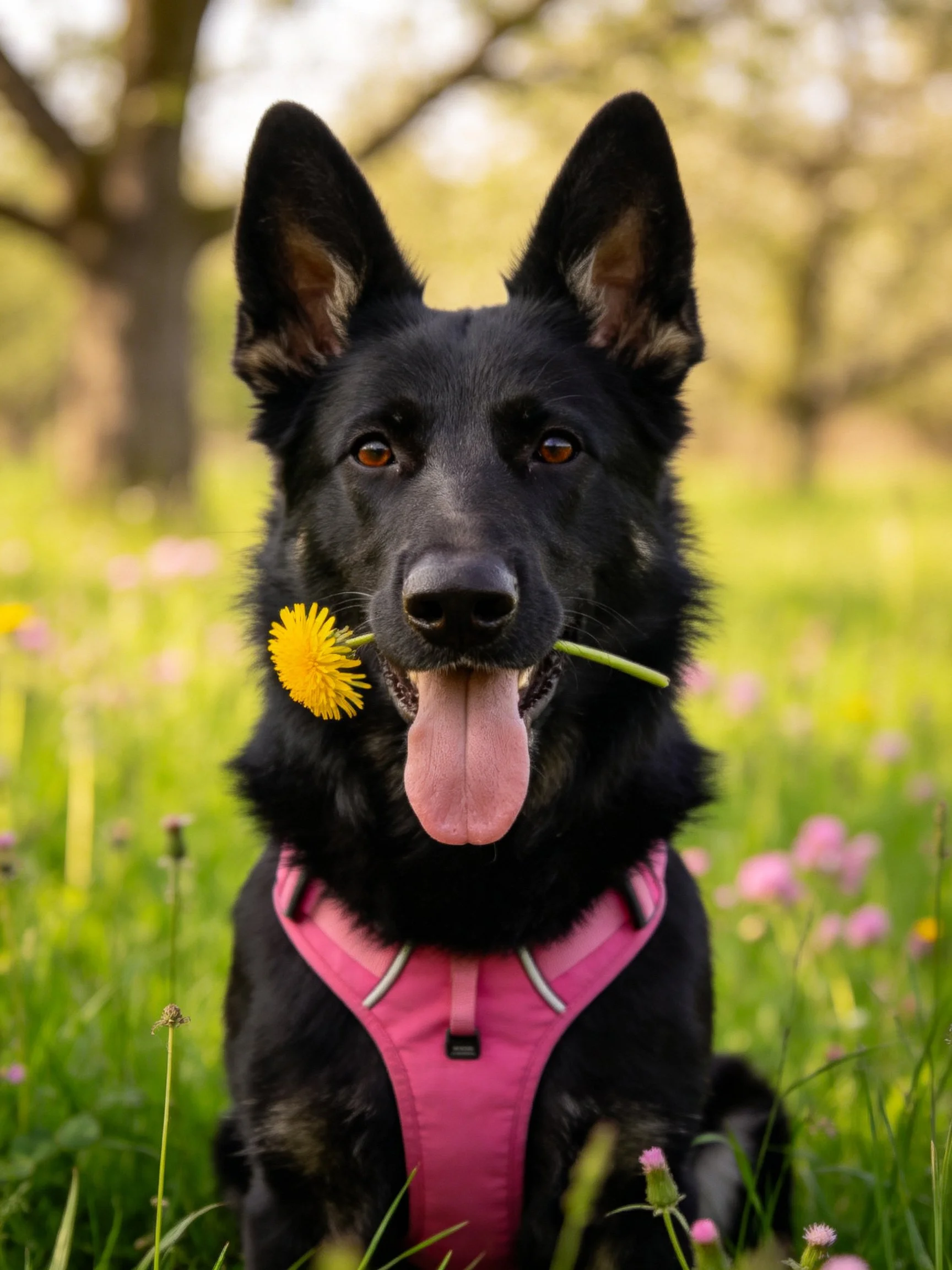 A black German Shepherd with a pink harness holds a yellow flower in a green meadow