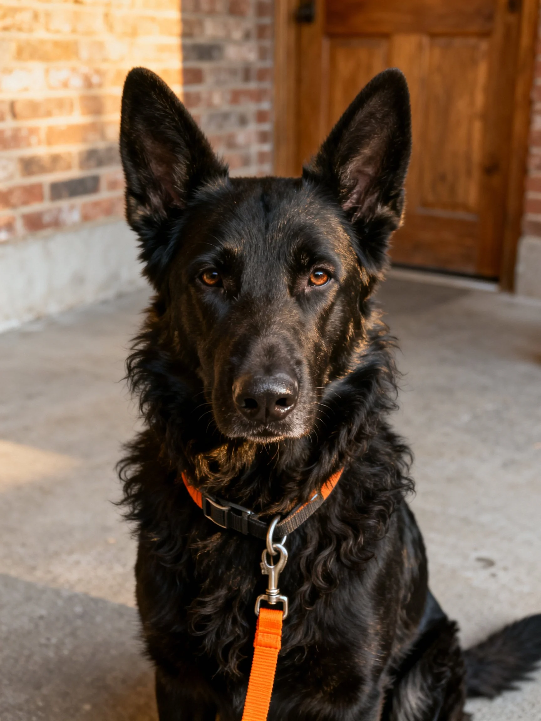 A black German Shepherd with an orange leash sits near a brick wall and wooden door
