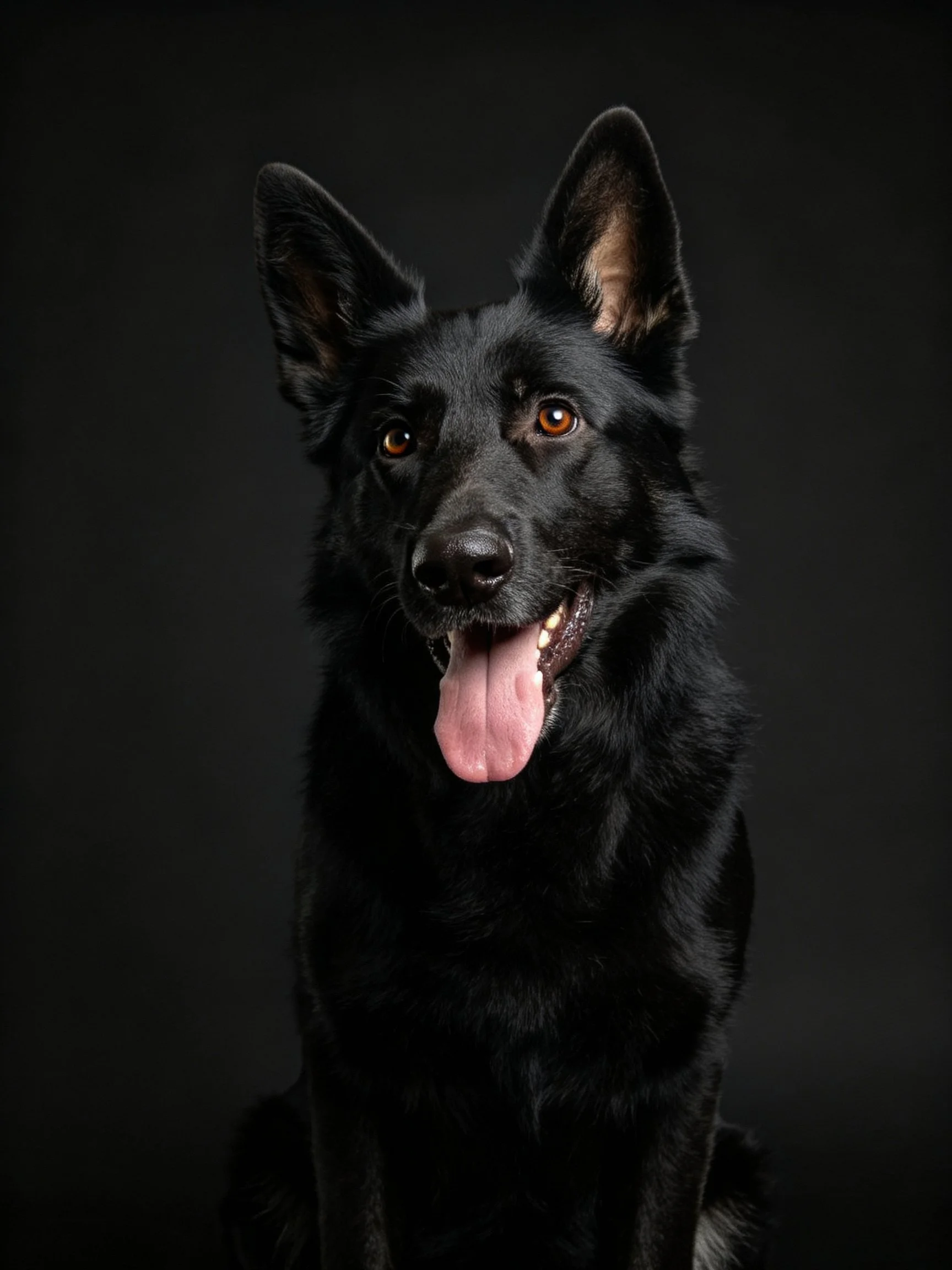 A black German Shepherd sits happily against a dark background.