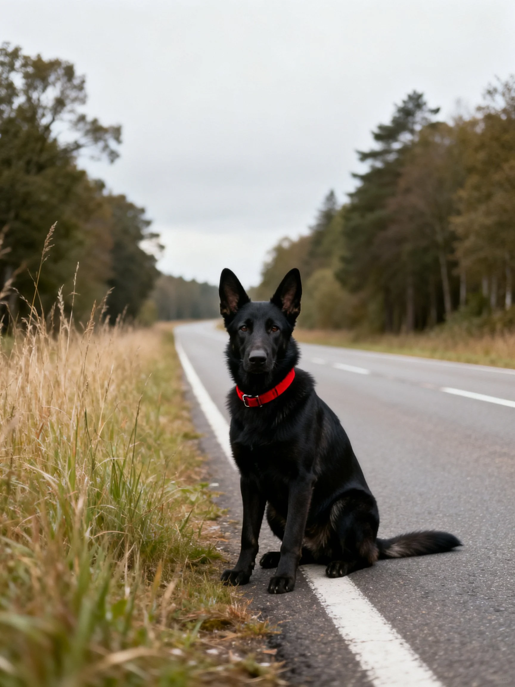 A black German Shepherd with a red collar sits calmly on a roadside near tall grass.
