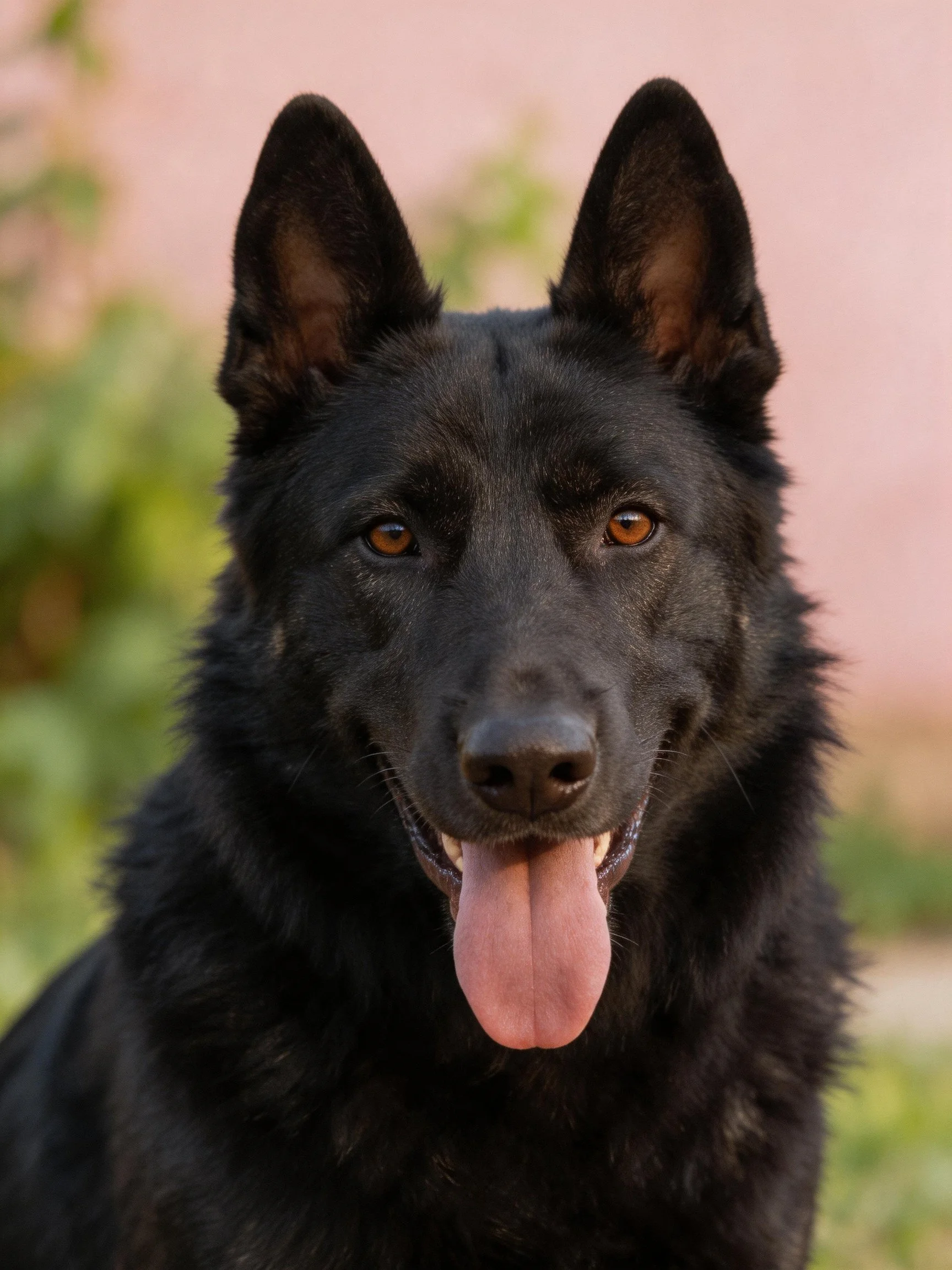A black German Shepherd with upright ears and brown eyes