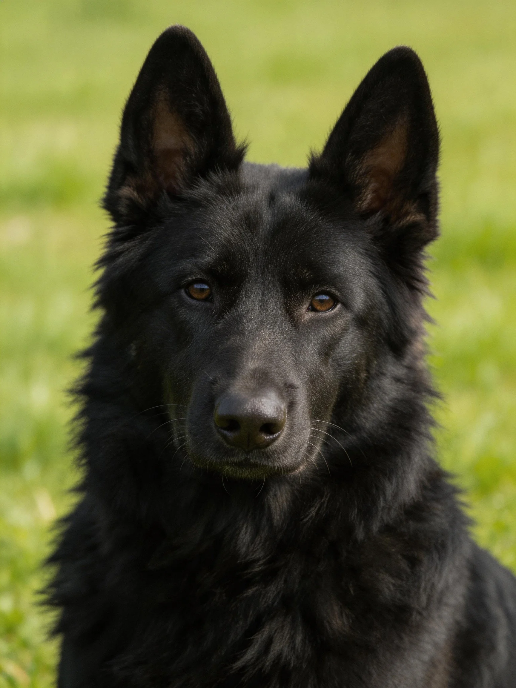 A black German Shepherd with upright ears on green grass