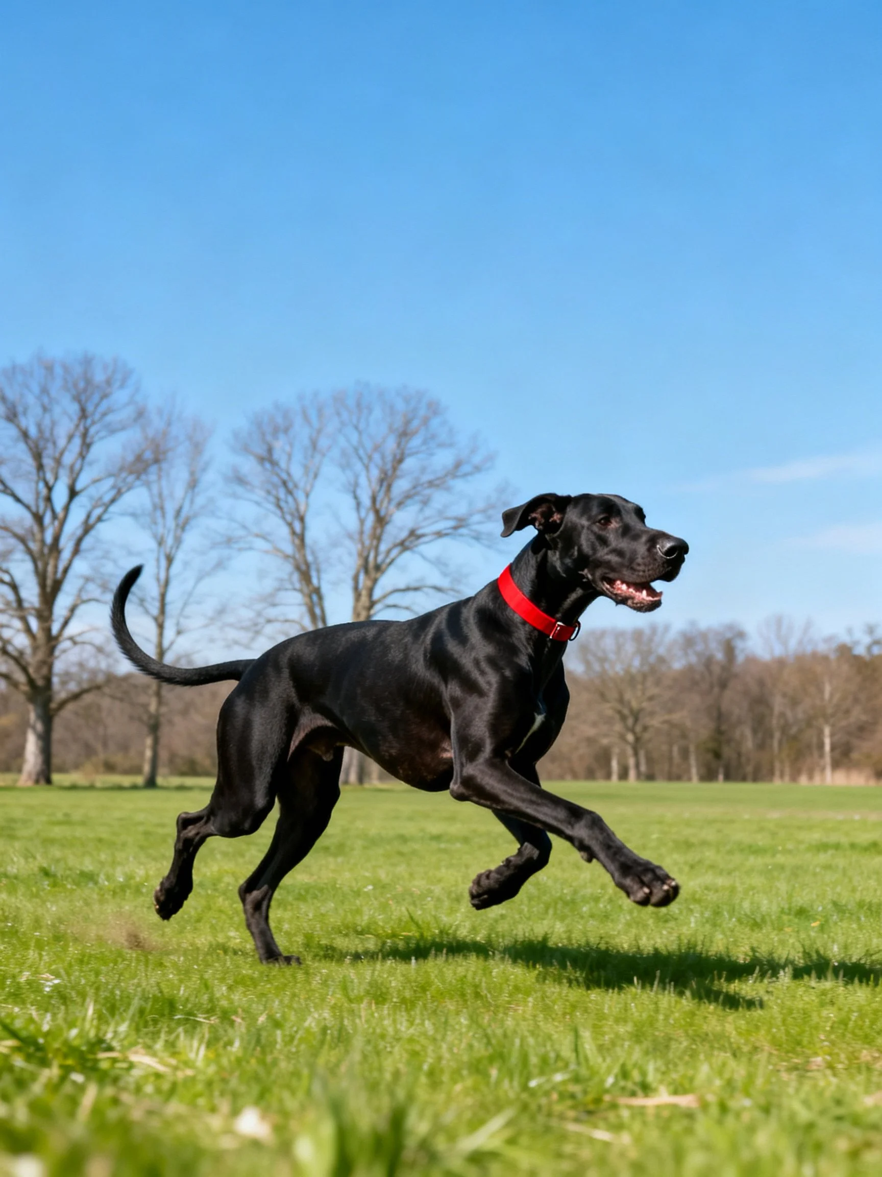 A black Great Dane runs energetically on green grass with blue sky and trees