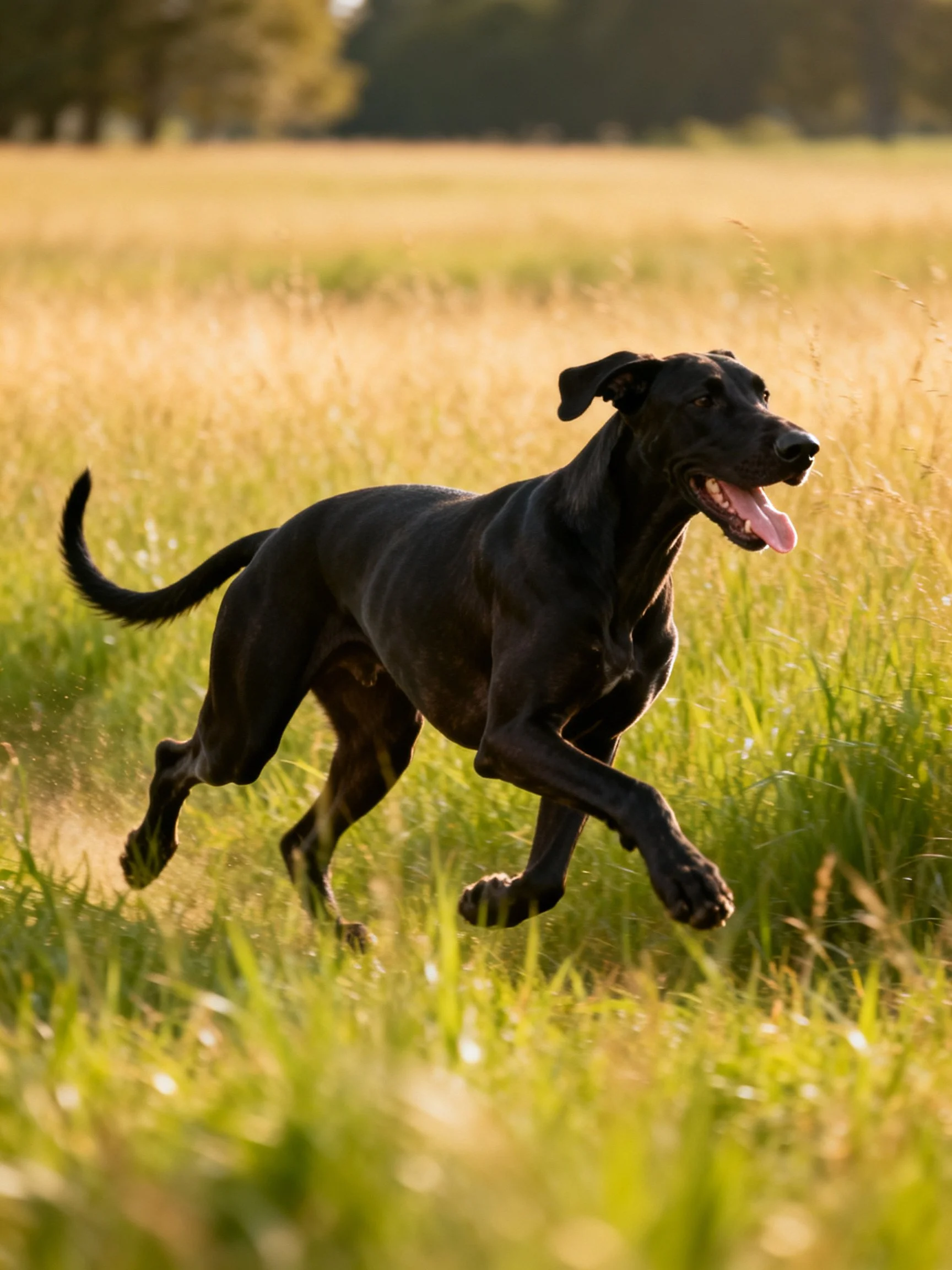A black Great Dane sprinting through golden grassy fields