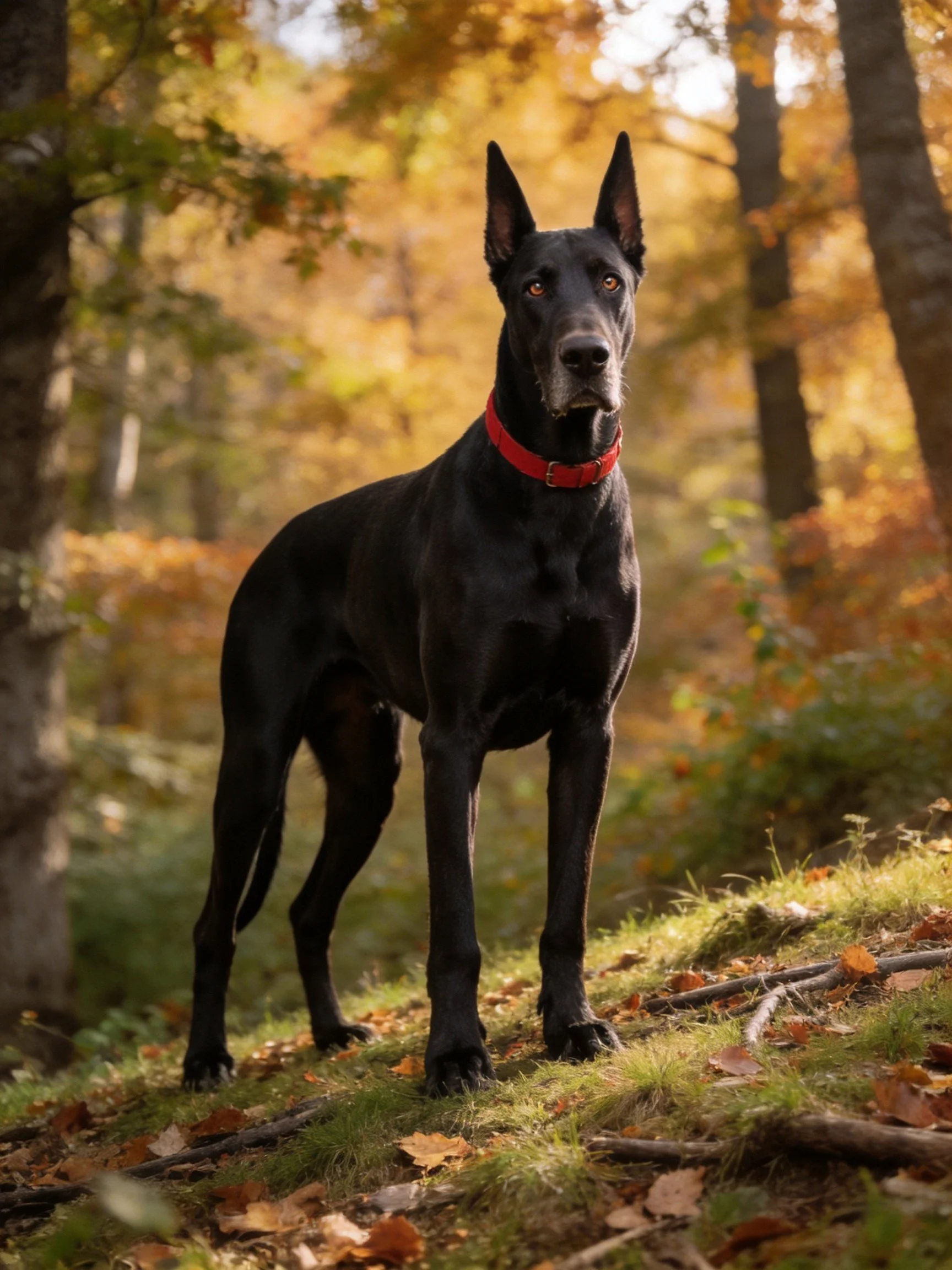 A black Great Dane with a red collar stands in an autumn forest