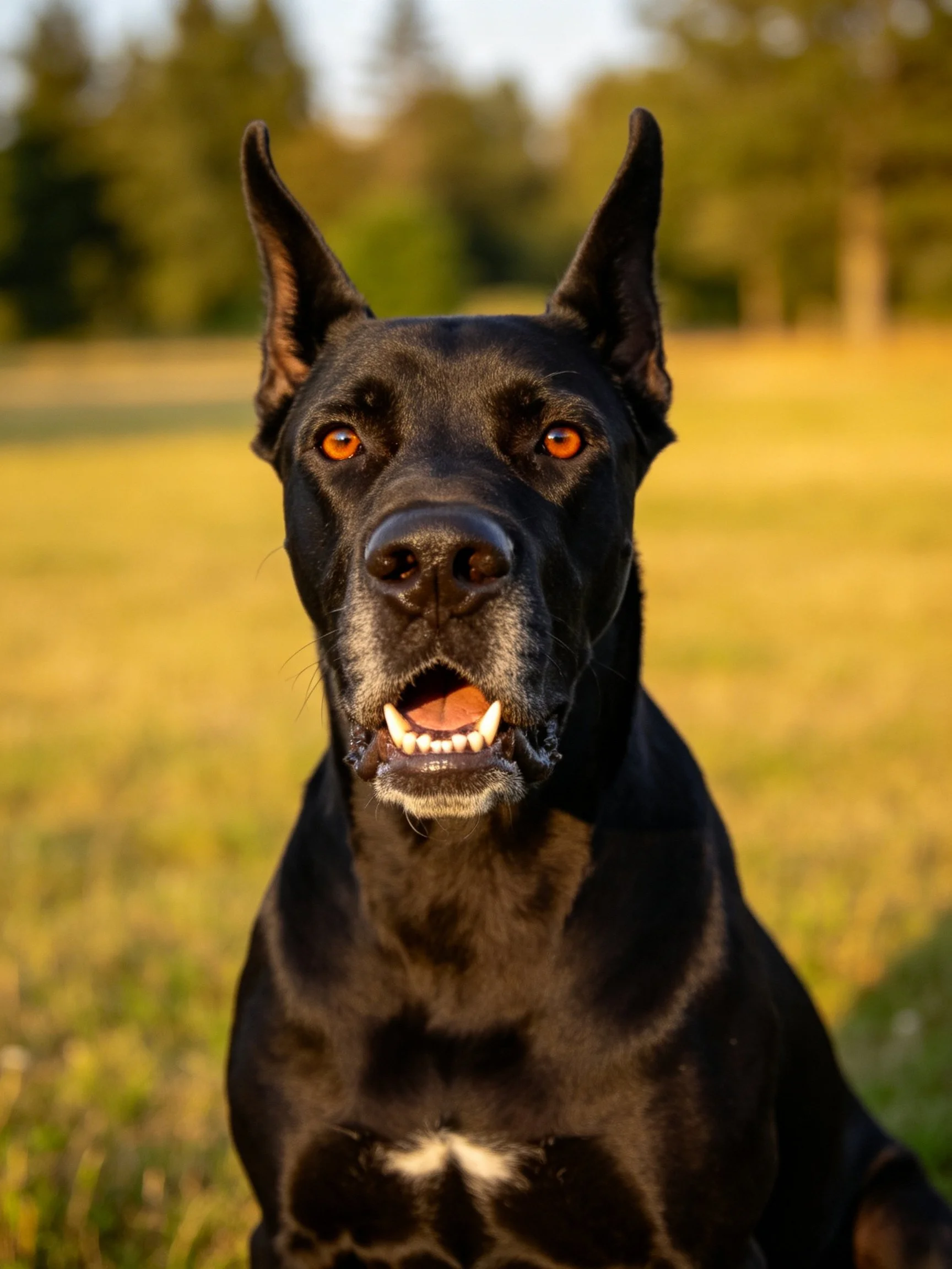A black Great Dane with amber eyes in a sunlit outdoor setting