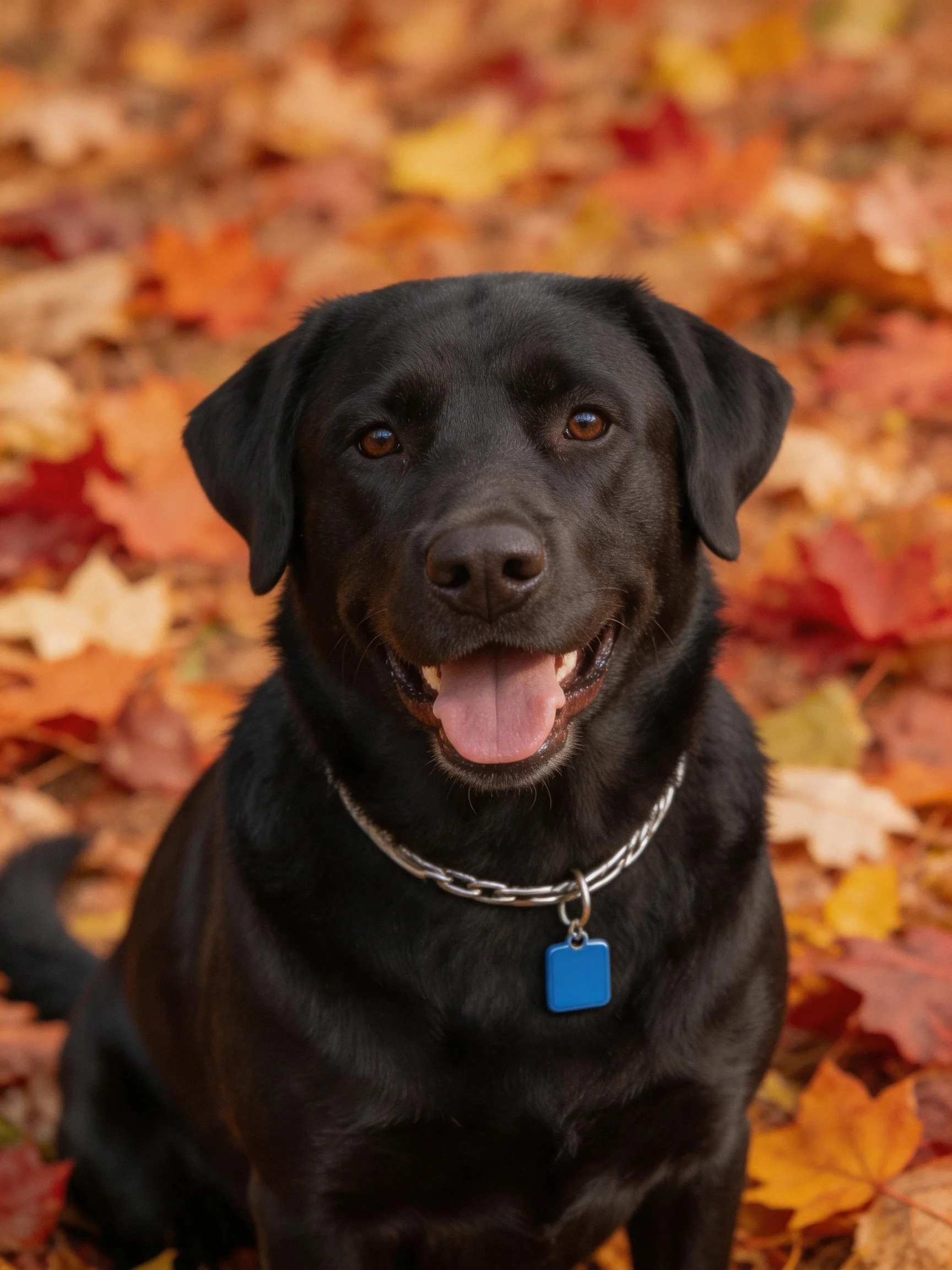 A black Labrador Retriever sits joyfully among colorful autumn leaves.