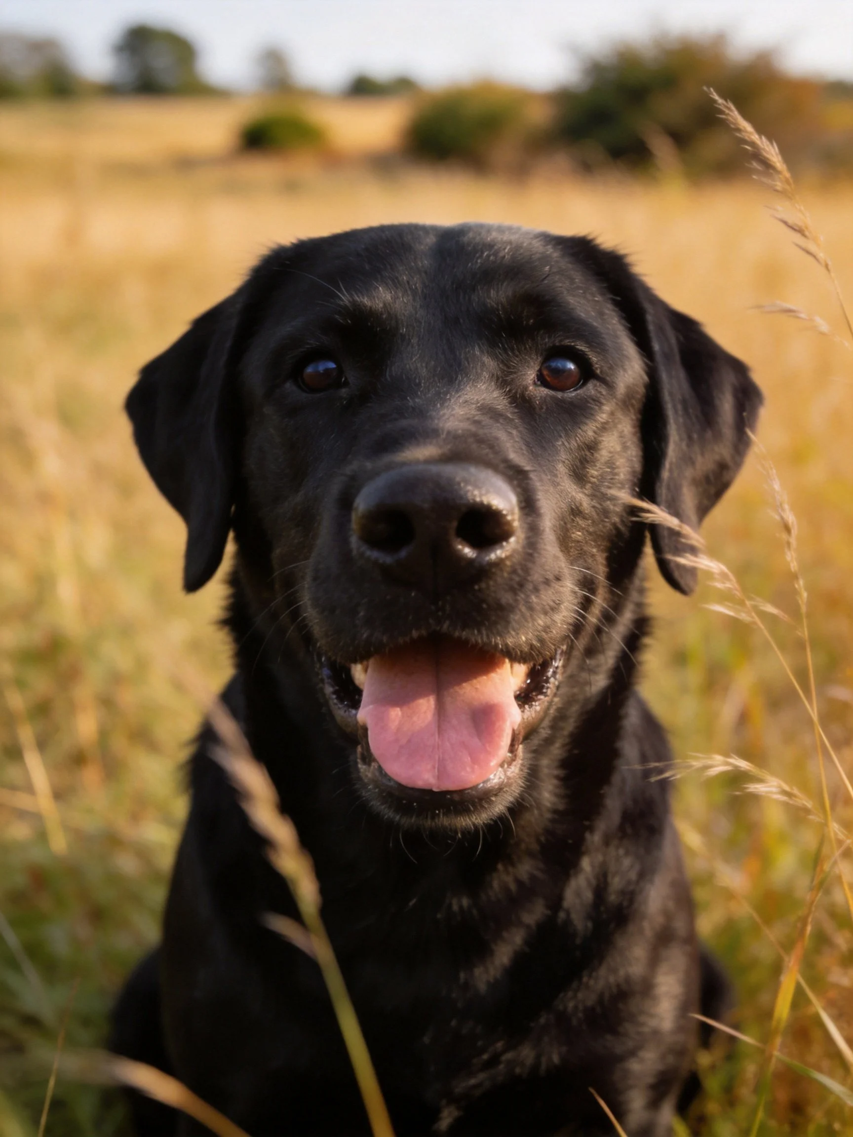 A black Labrador Retriever enjoys a sunny day among tall grass.