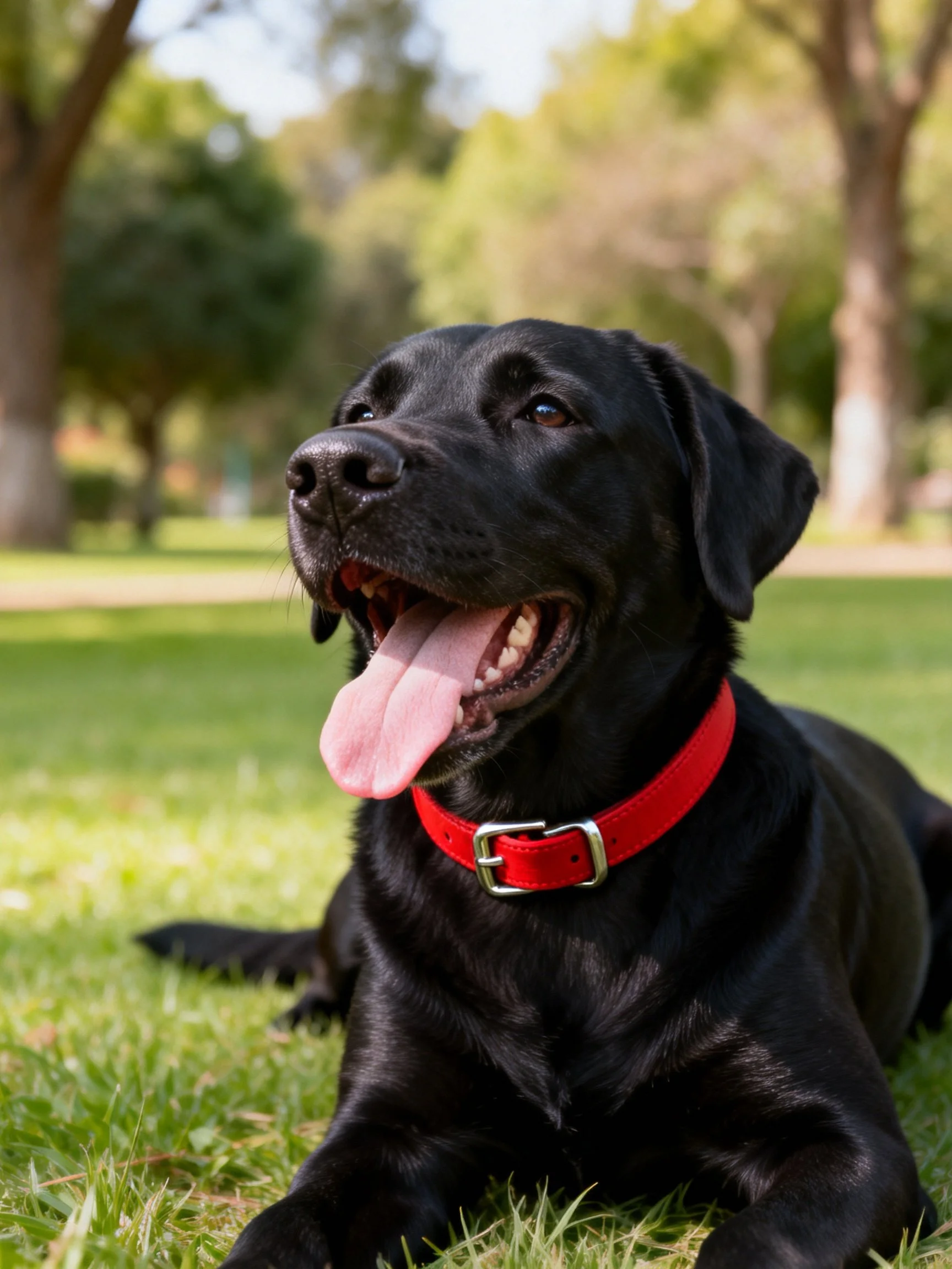 A black Labrador Retriever resting on green grass with a red collar