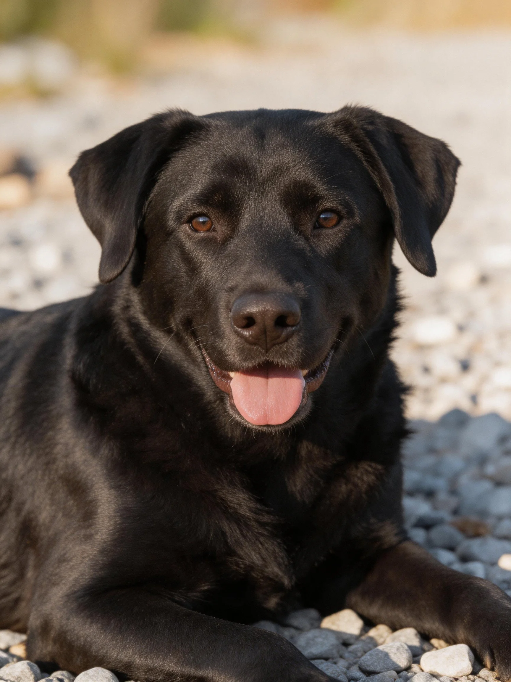 A black Labrador Retriever resting on pebbles outdoors