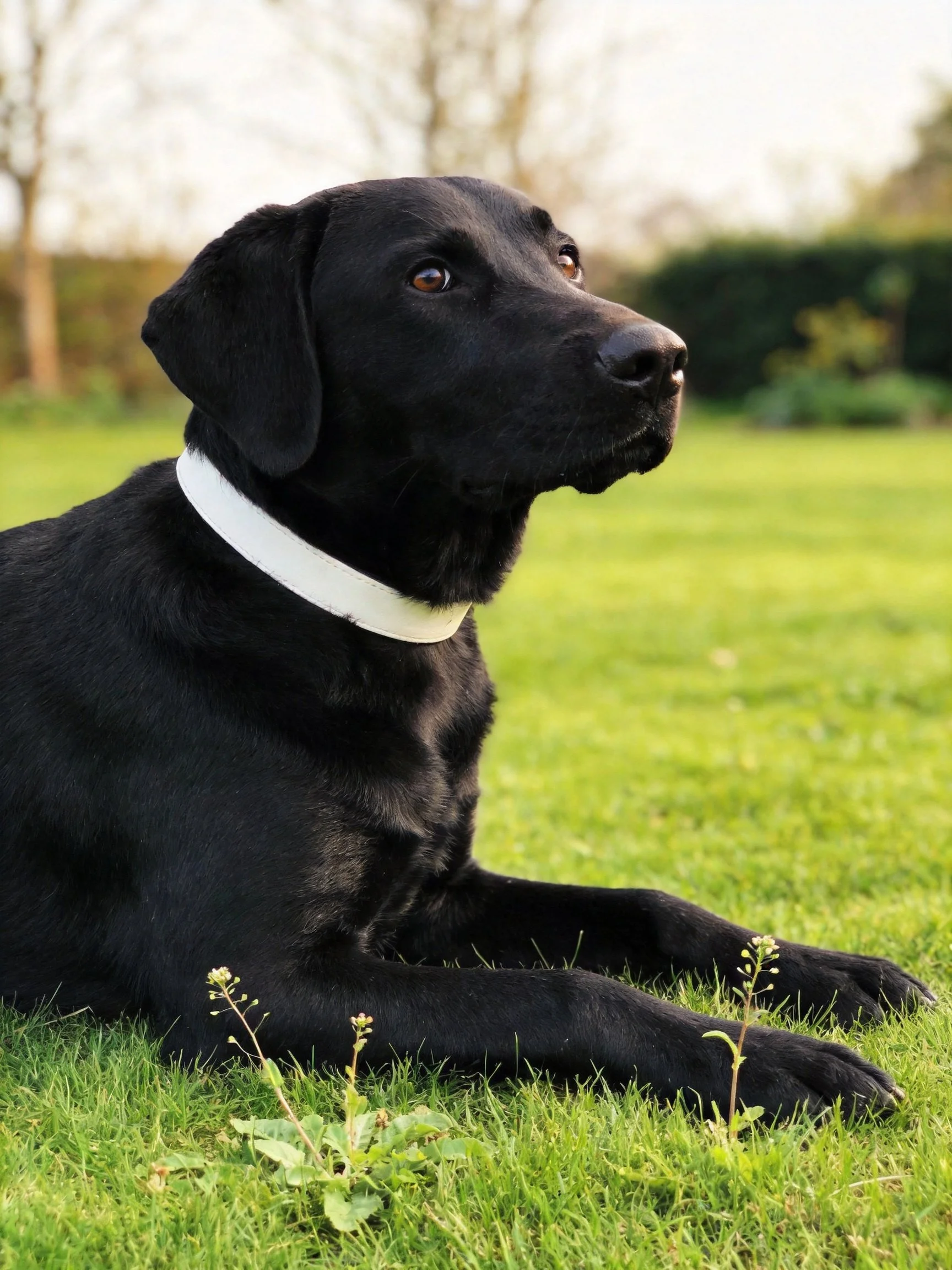 A black Labrador Retriever resting on vibrant green grass