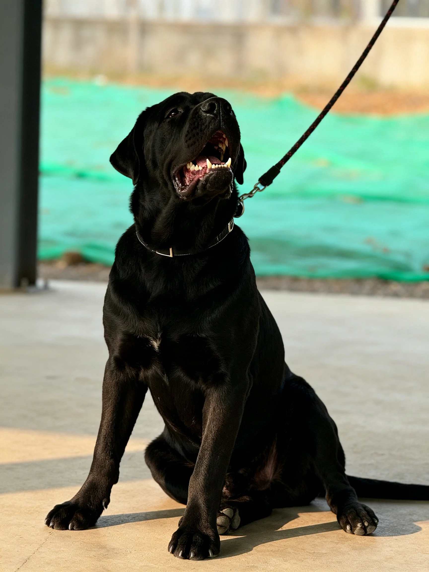 A black dog sits calmly on a concrete surface with a leash