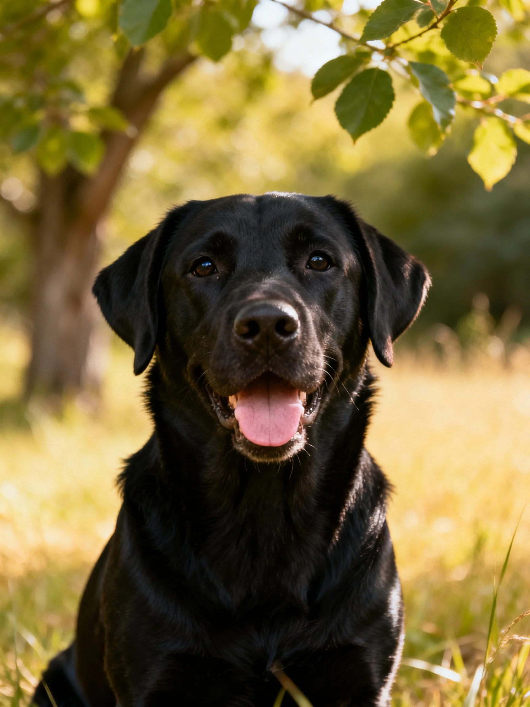 A black Labrador Retriever relaxes in a sunlit grassy area near trees.