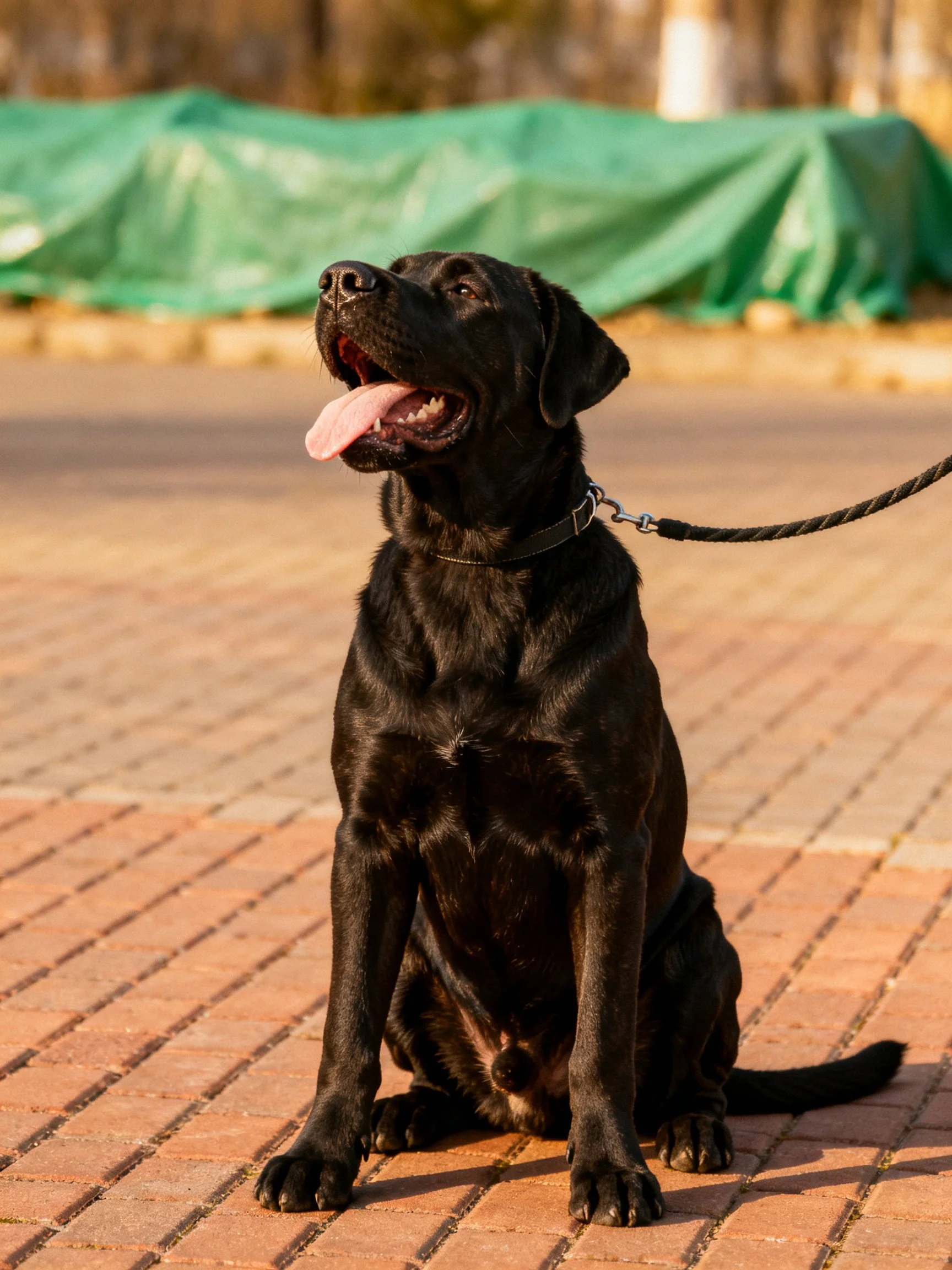 A black Labrador Retriever sits calmly on a brick pavement with a leash attached.