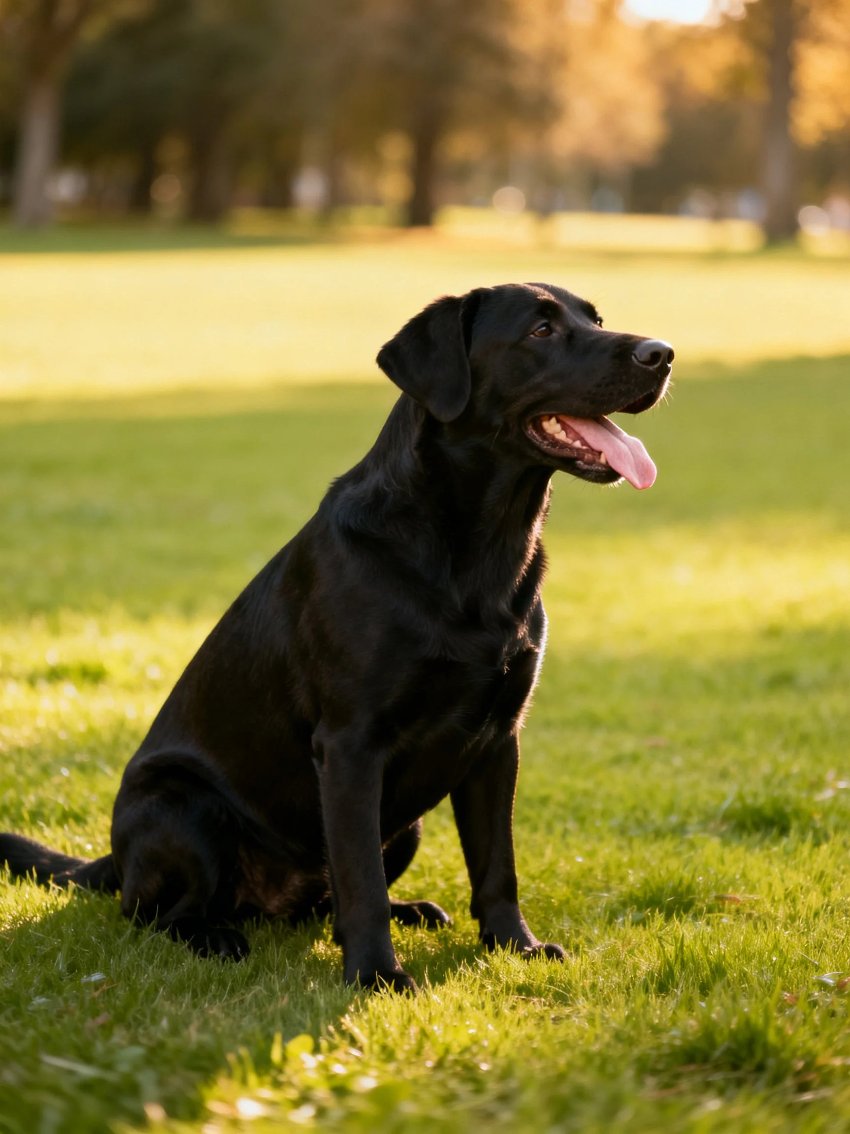 A black Labrador Retriever sits calmly on grass in a sunlit outdoor area.