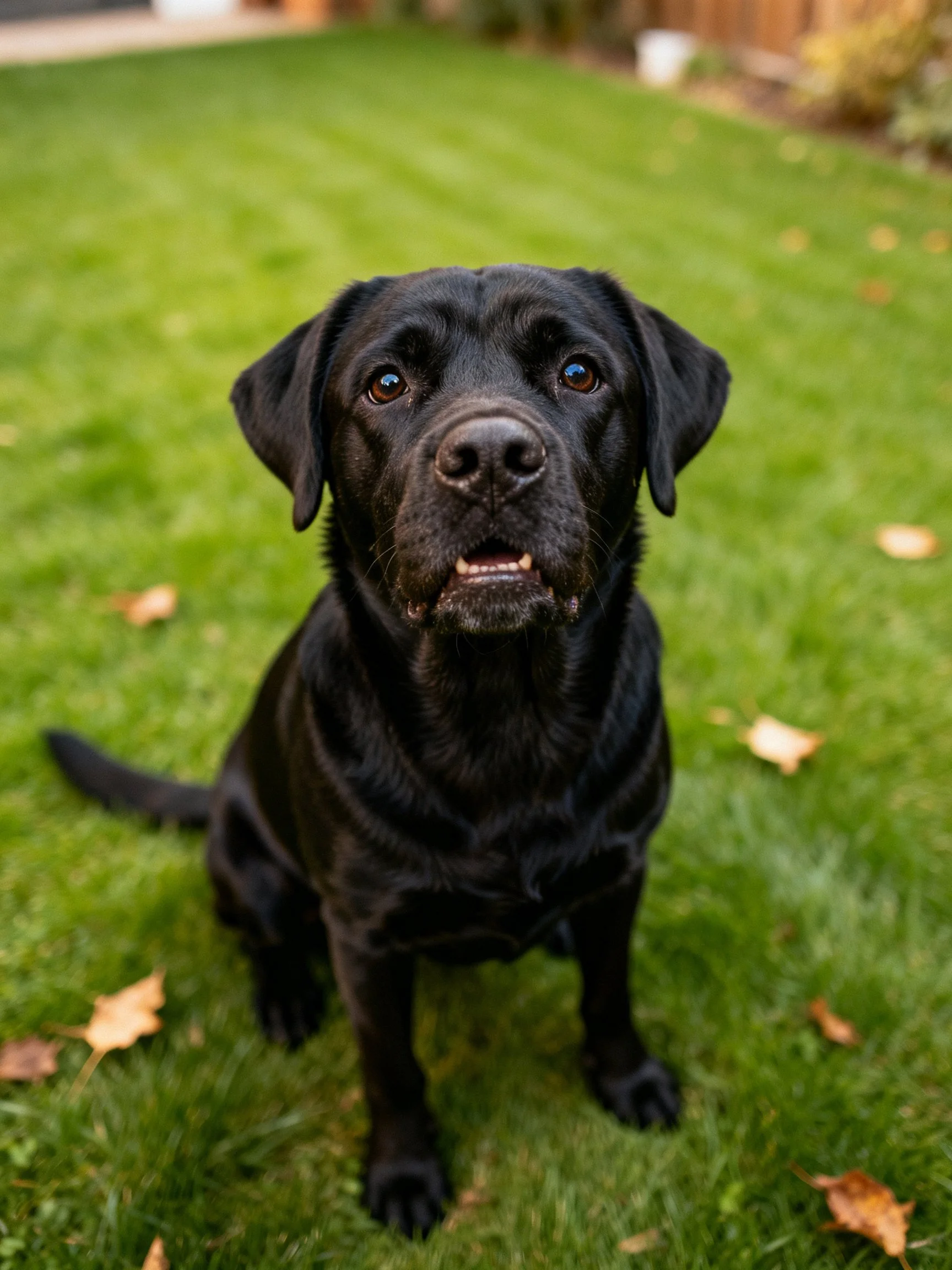 A black Labrador Retriever sits attentively on green grass with fallen leaves.