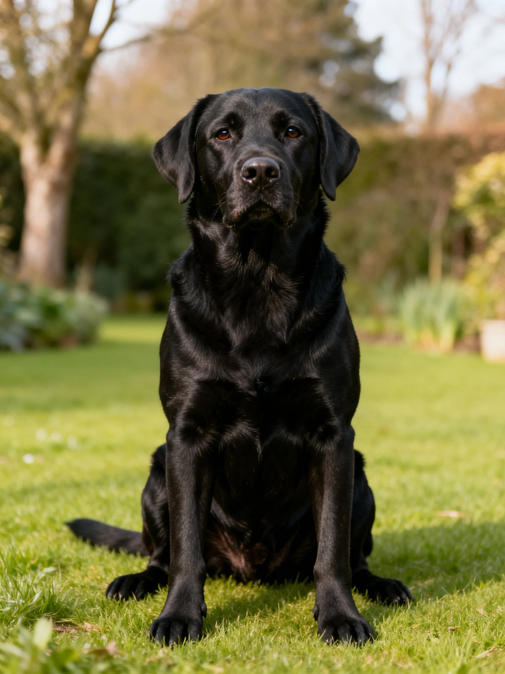 A black Labrador Retriever sits calmly on a grassy lawn.