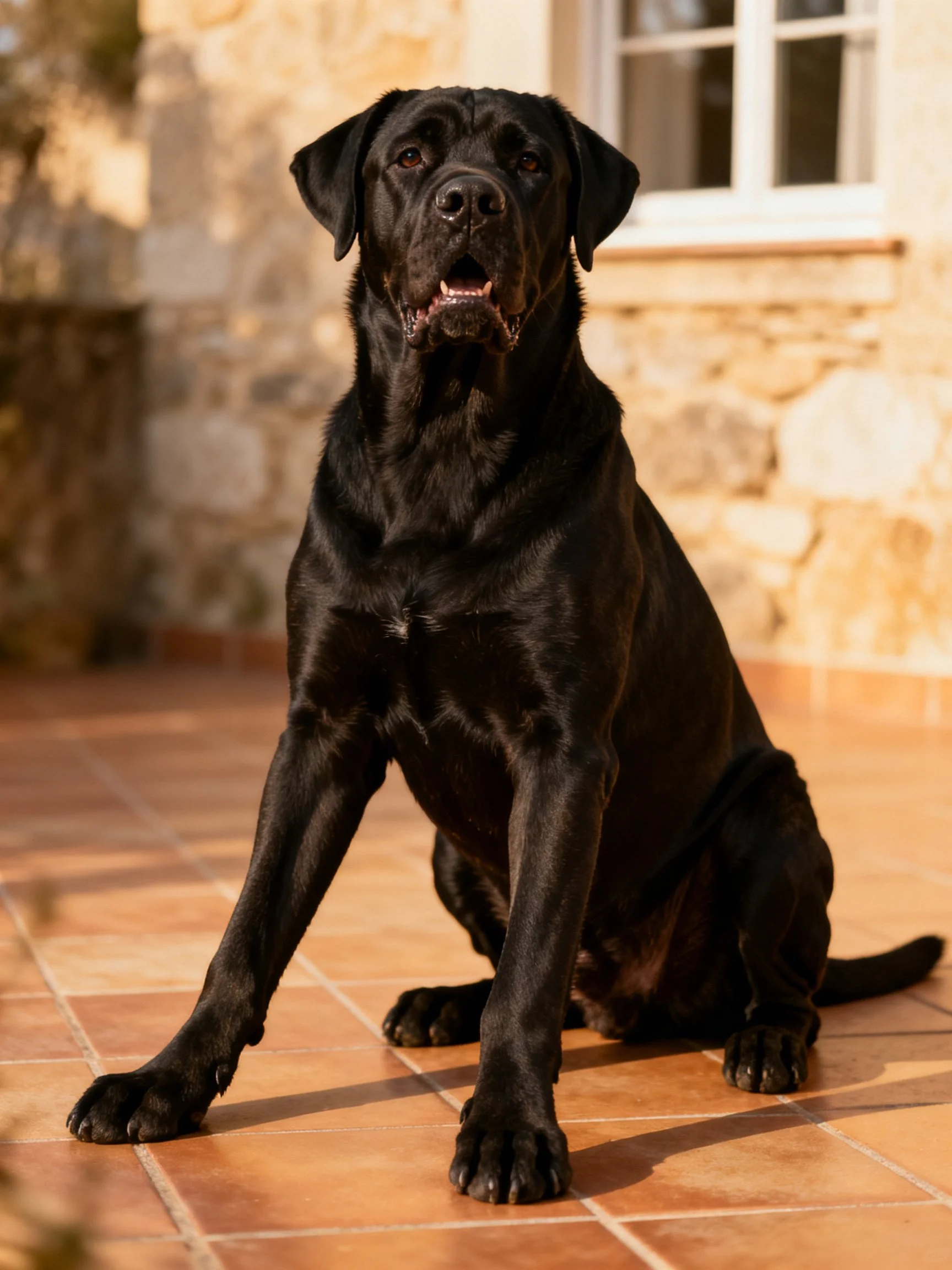 A black Labrador Retriever sits calmly on terracotta tiles by a stone building.